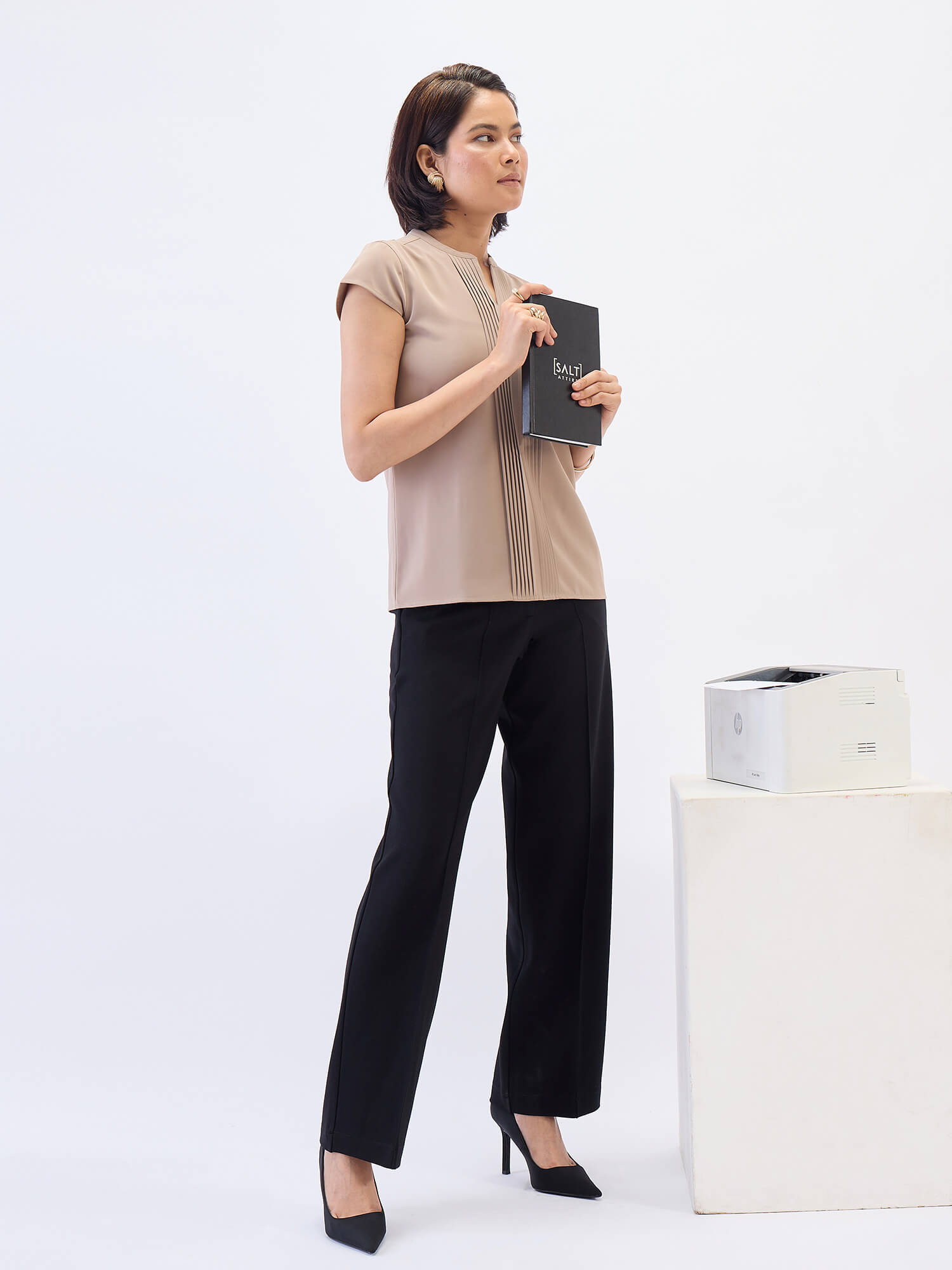 Helix Front Pintuck Detail Top-Beige