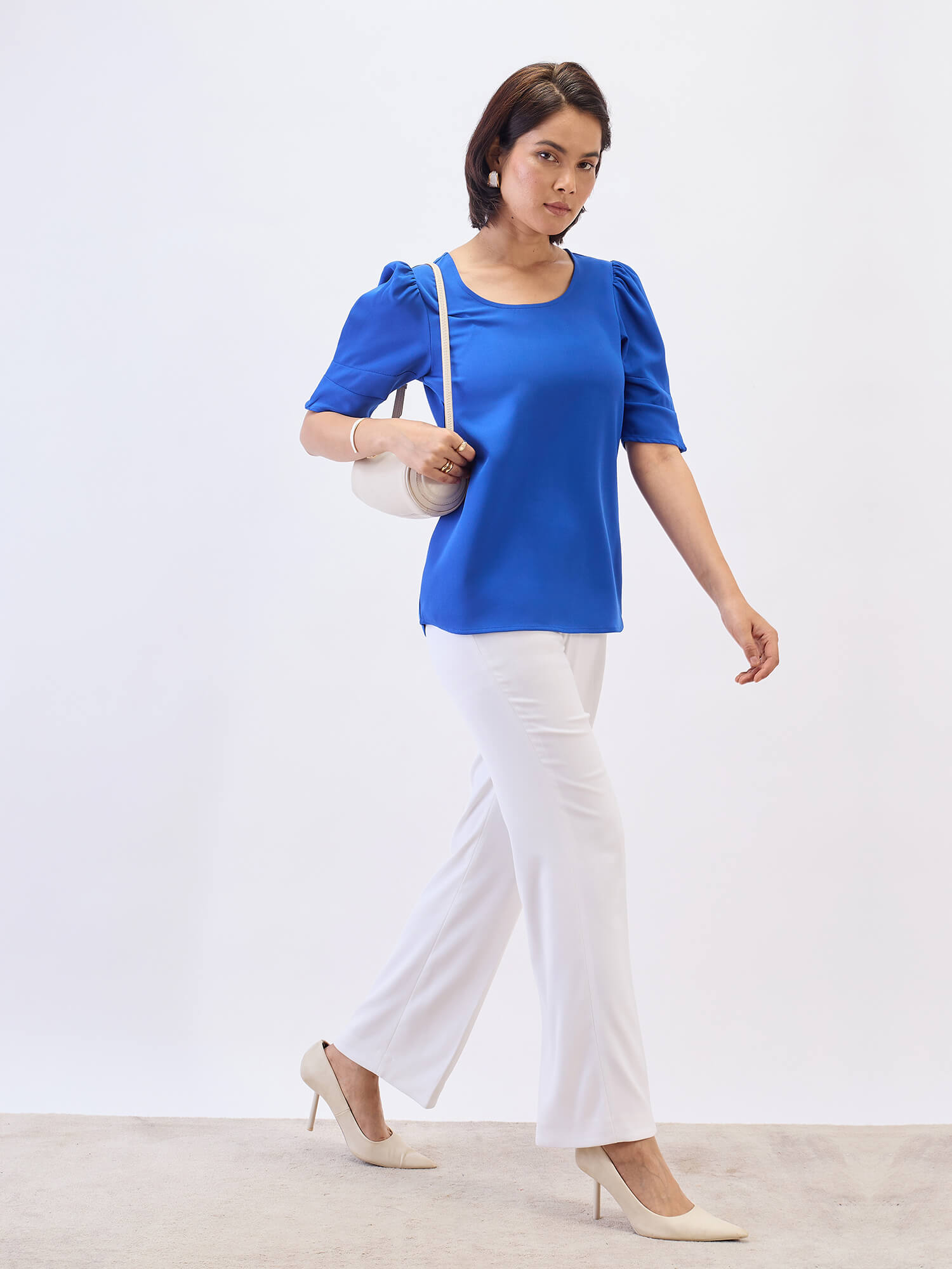Jaunty Puffed Sleeves Top-Cobalt Blue
