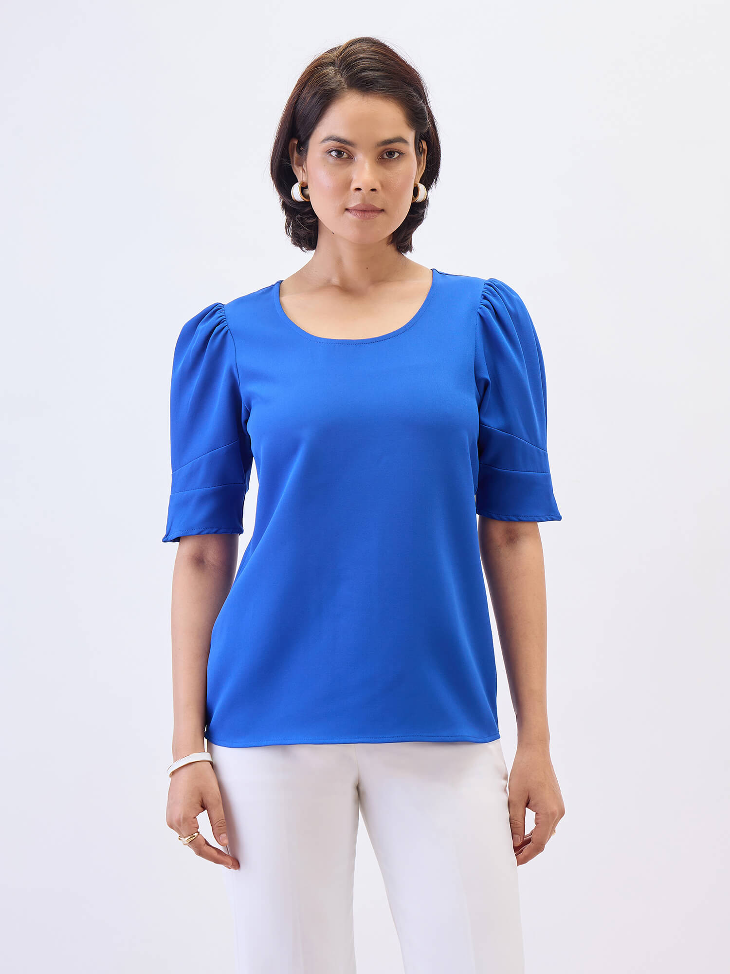 Jaunty Puffed Sleeves Top-Cobalt Blue