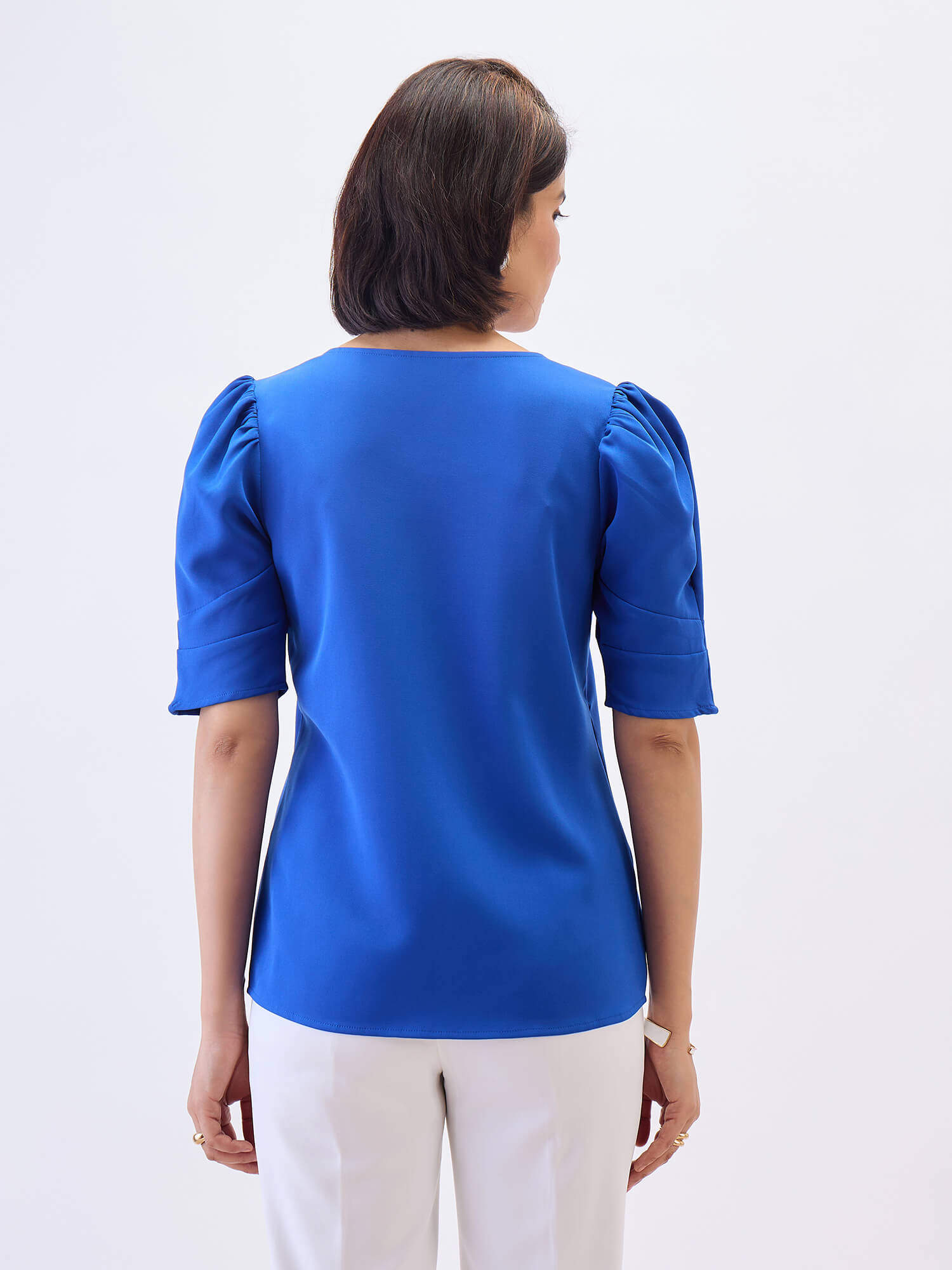 Jaunty Puffed Sleeves Top-Cobalt Blue