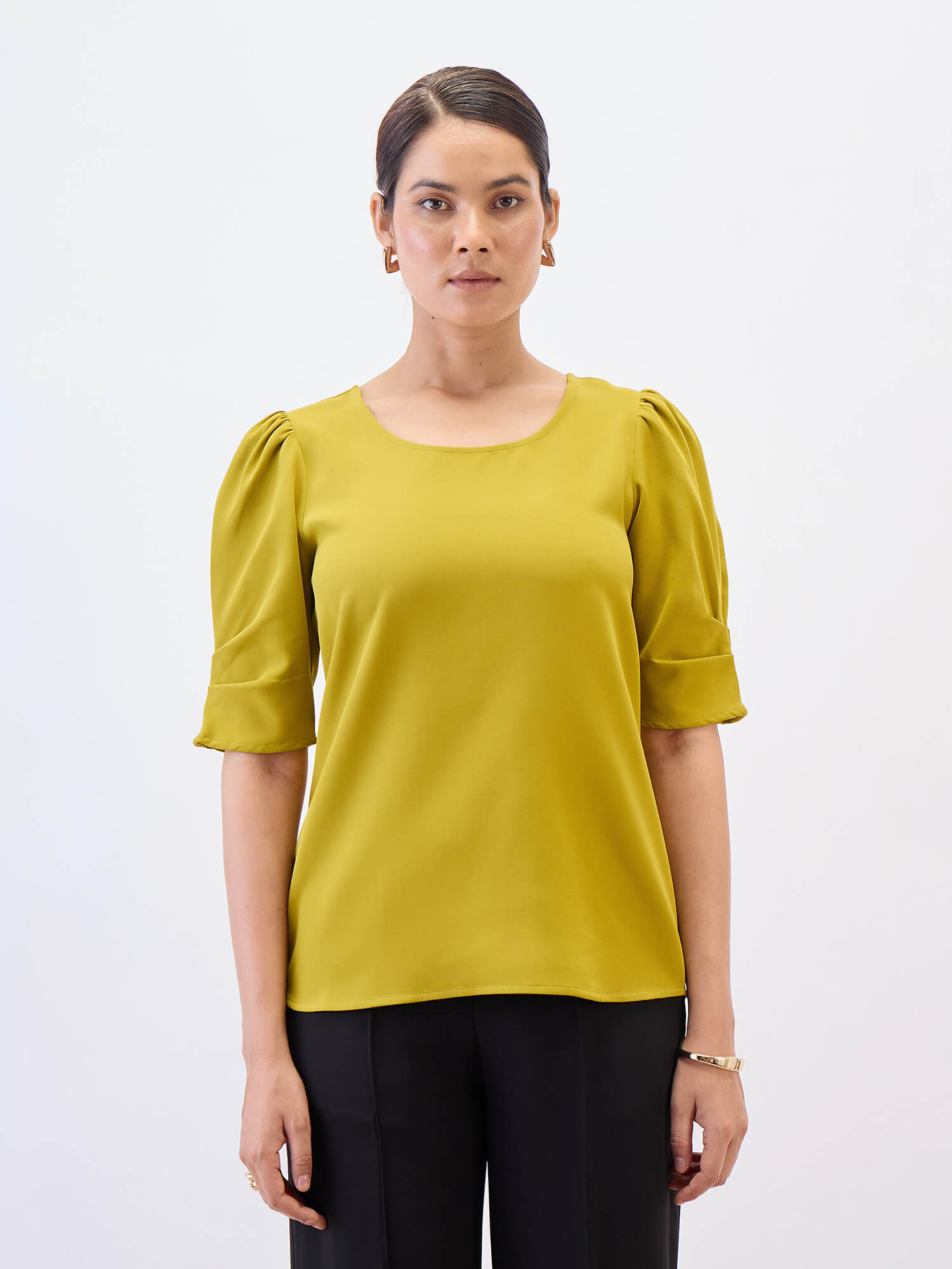 Jaunty Puffed Sleeves Top-Lime Punch