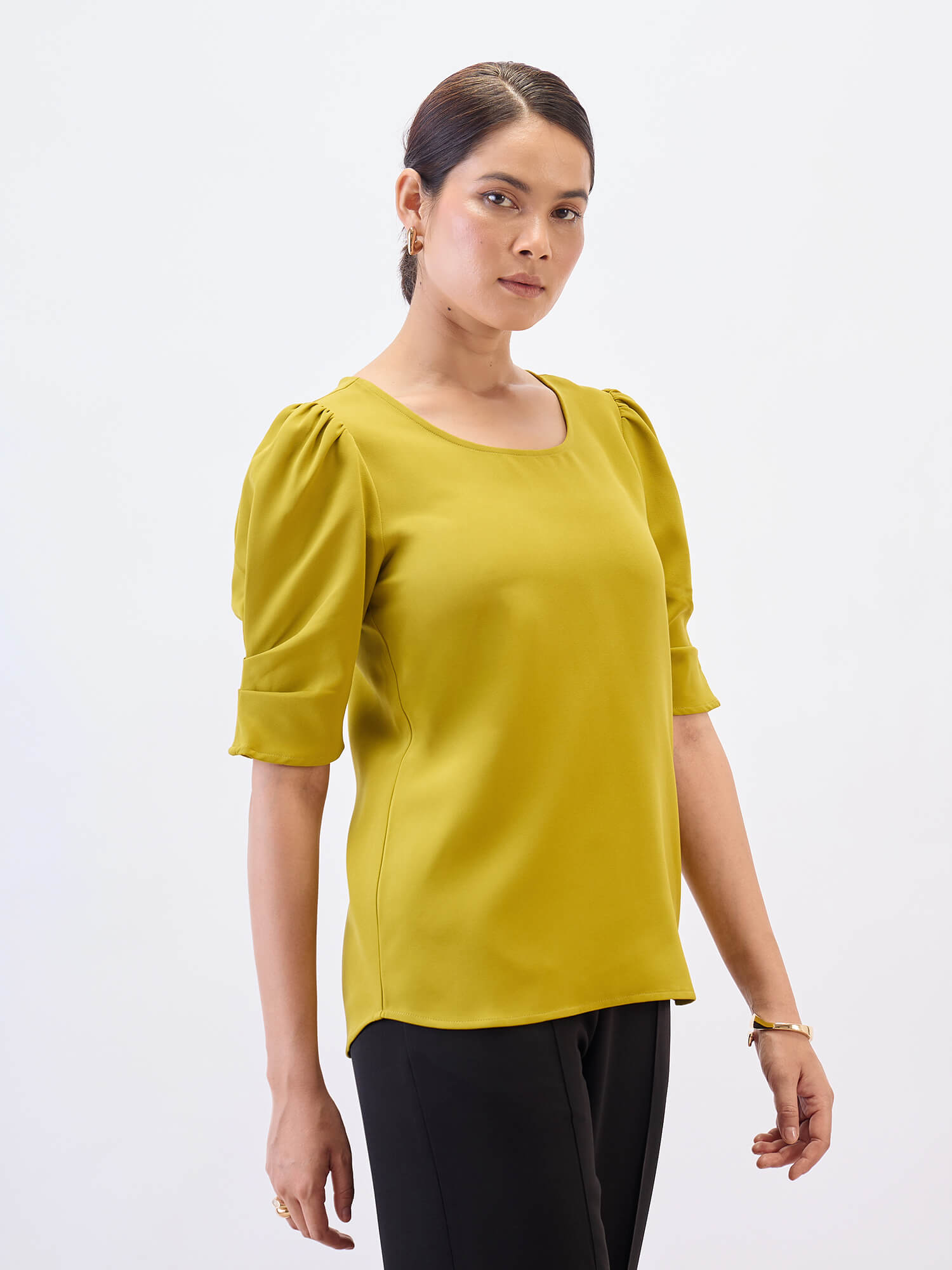 Jaunty Puffed Sleeves Top-Lime Punch