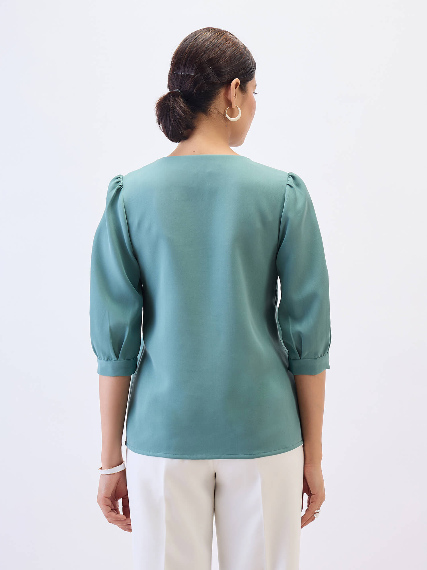 Iridium Puffed Sleeves Top-Sea Green