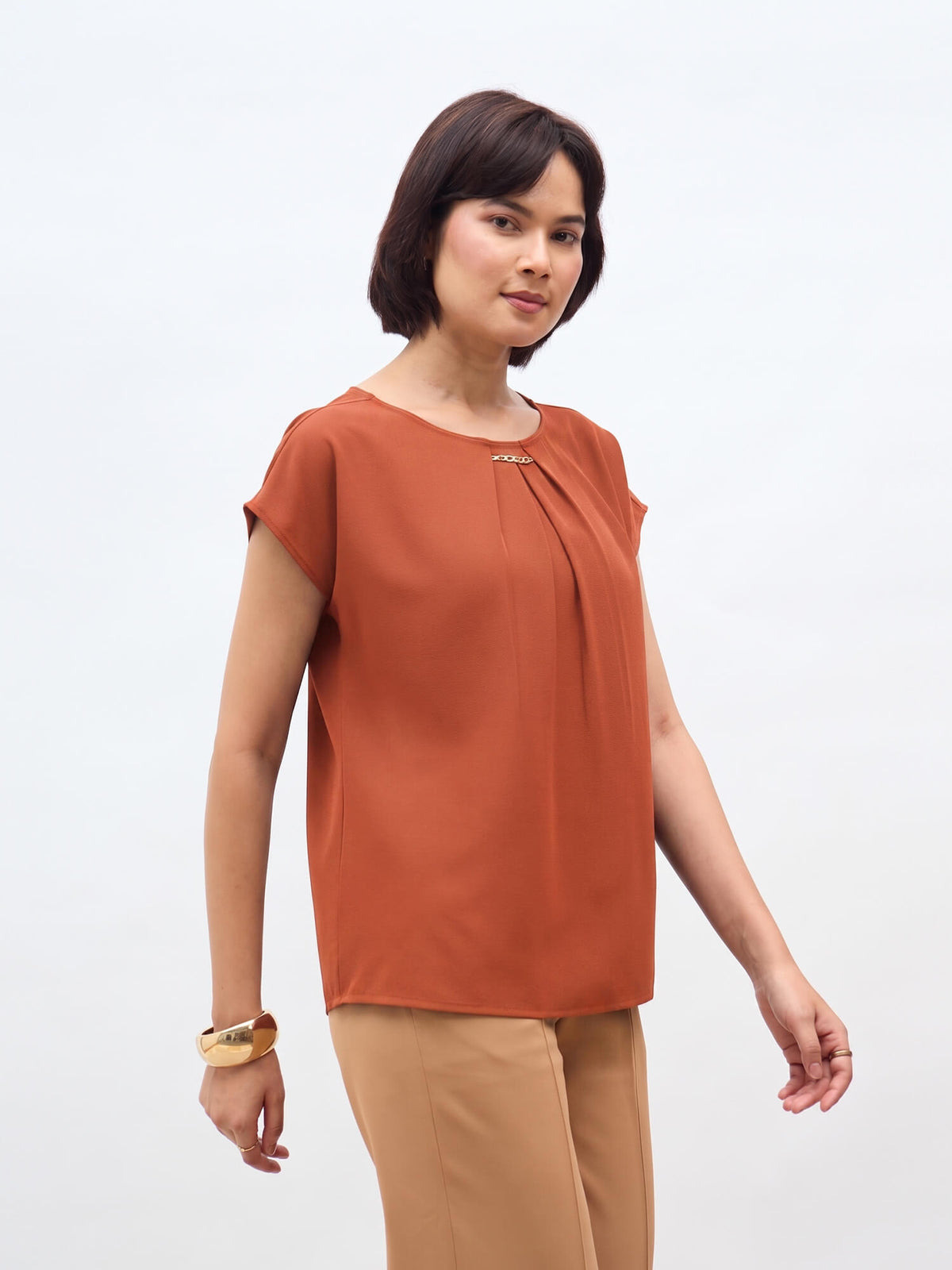 Jemma Centre Front Pleated Drop Shoulder Top-Burnt Orange