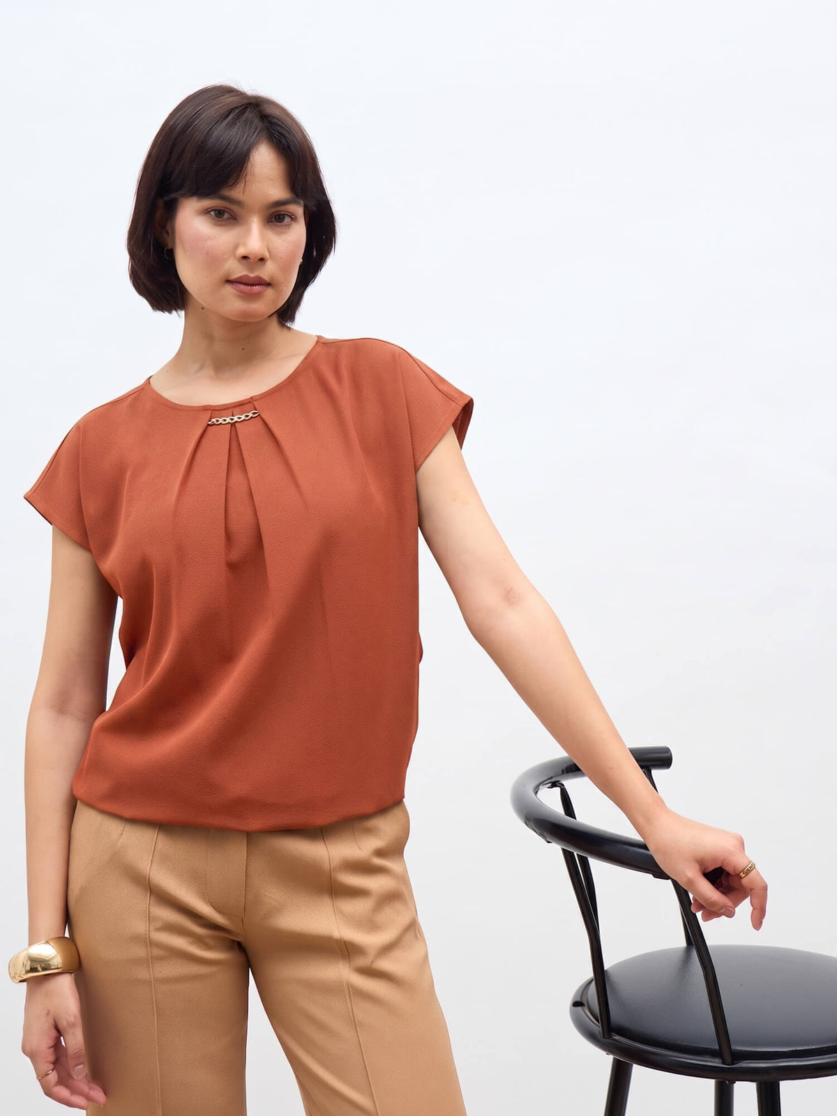 Jemma Centre Front Pleated Drop Shoulder Top-Burnt Orange