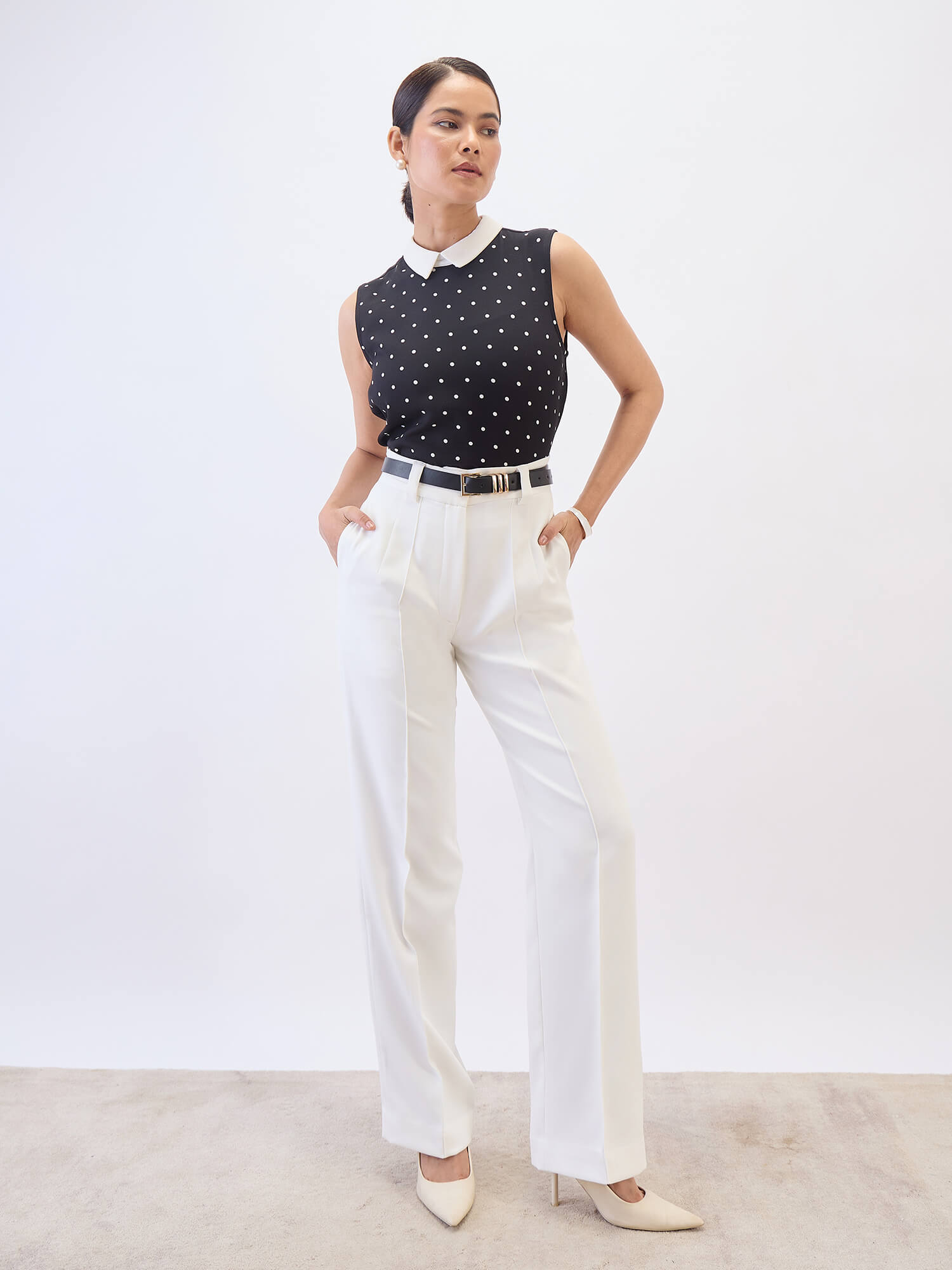 Elodie Contrast Collar Top-Black