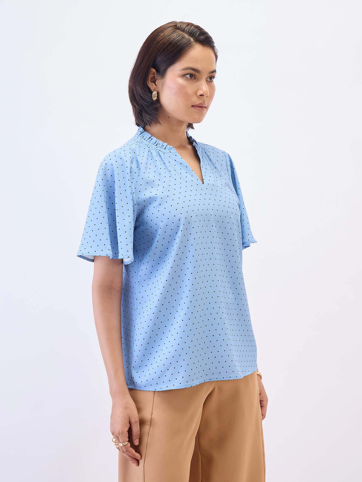 Josie Ruffled V-neck Top-Dusty Blue