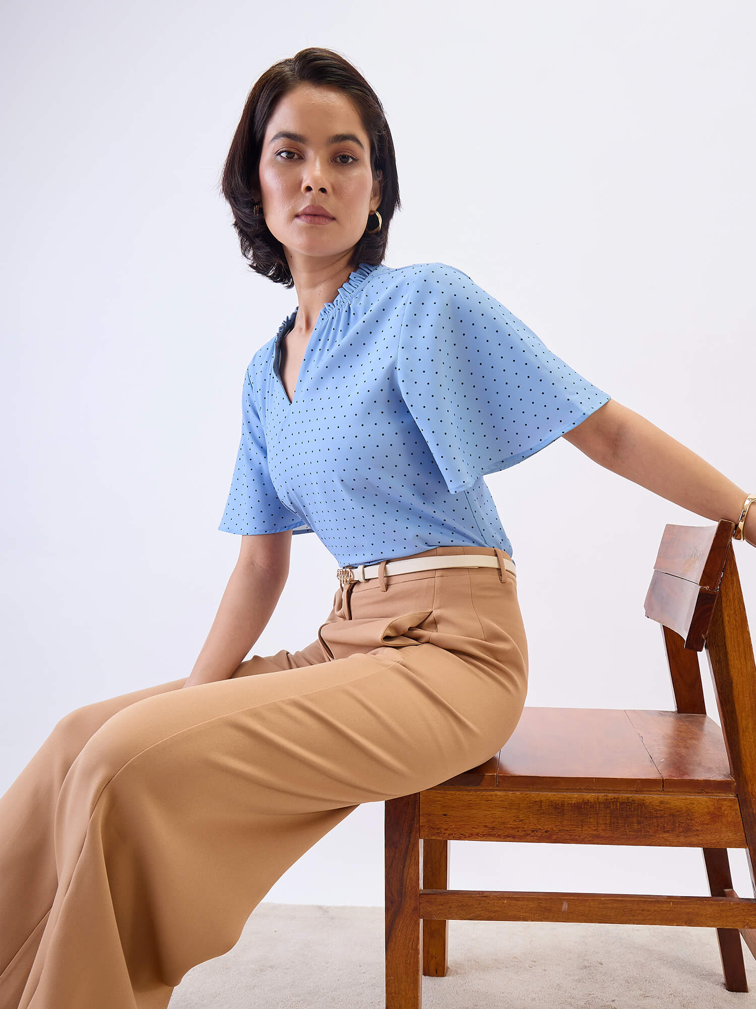Josie Ruffled V-neck Top-Dusty Blue
