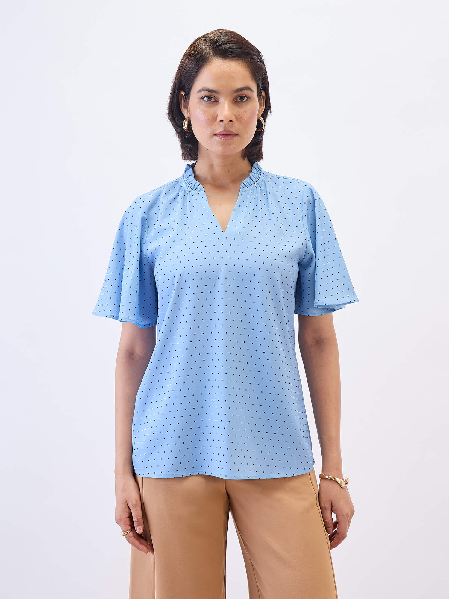 Josie Ruffled V-neck Top-Dusty Blue