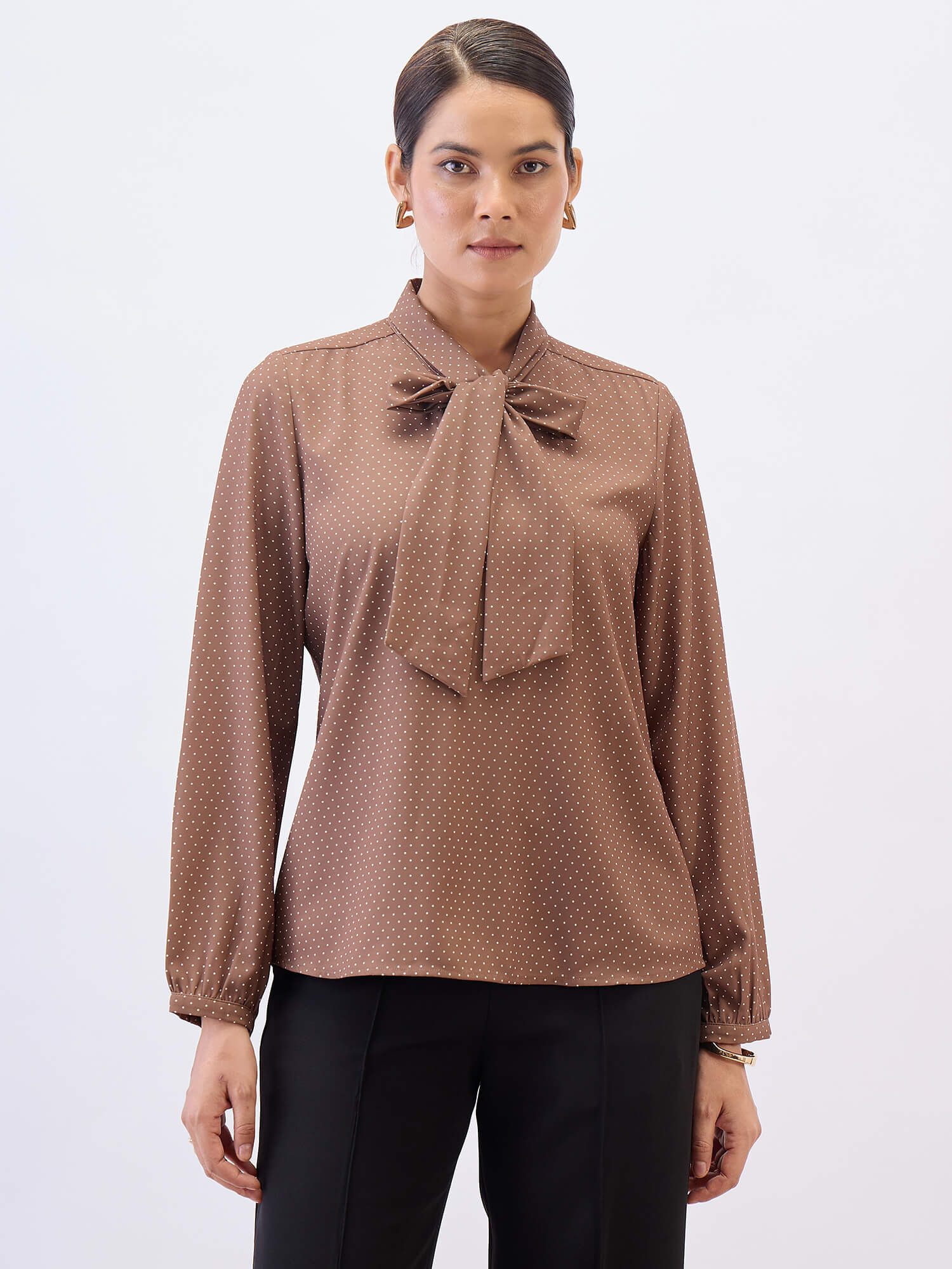 Polly Neck Tie Top-Brown