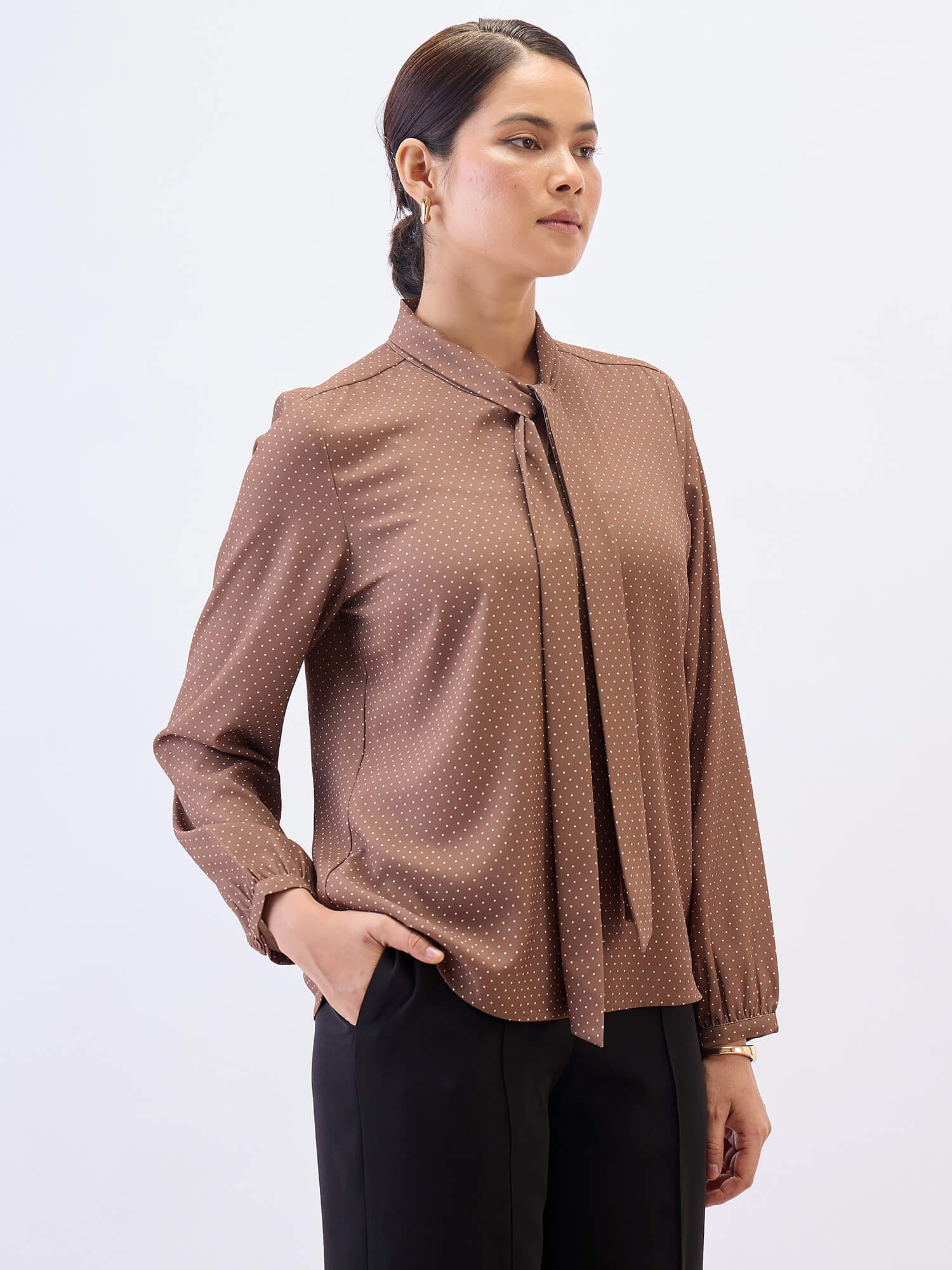 Polly Neck Tie Top-Brown