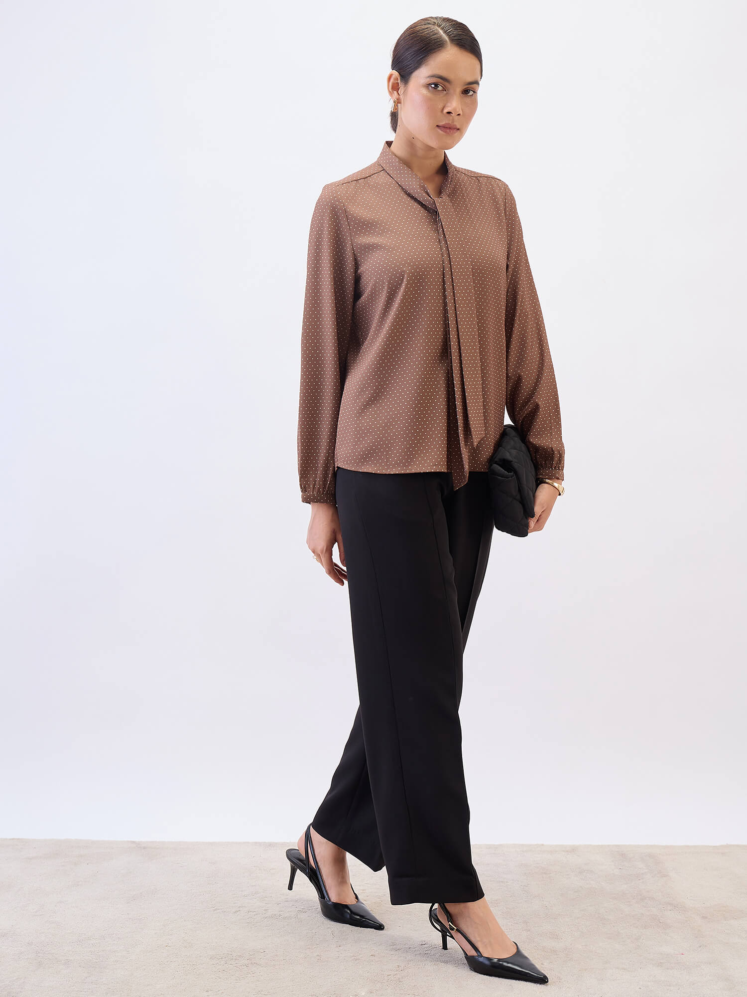 Polly Neck Tie Top-Brown
