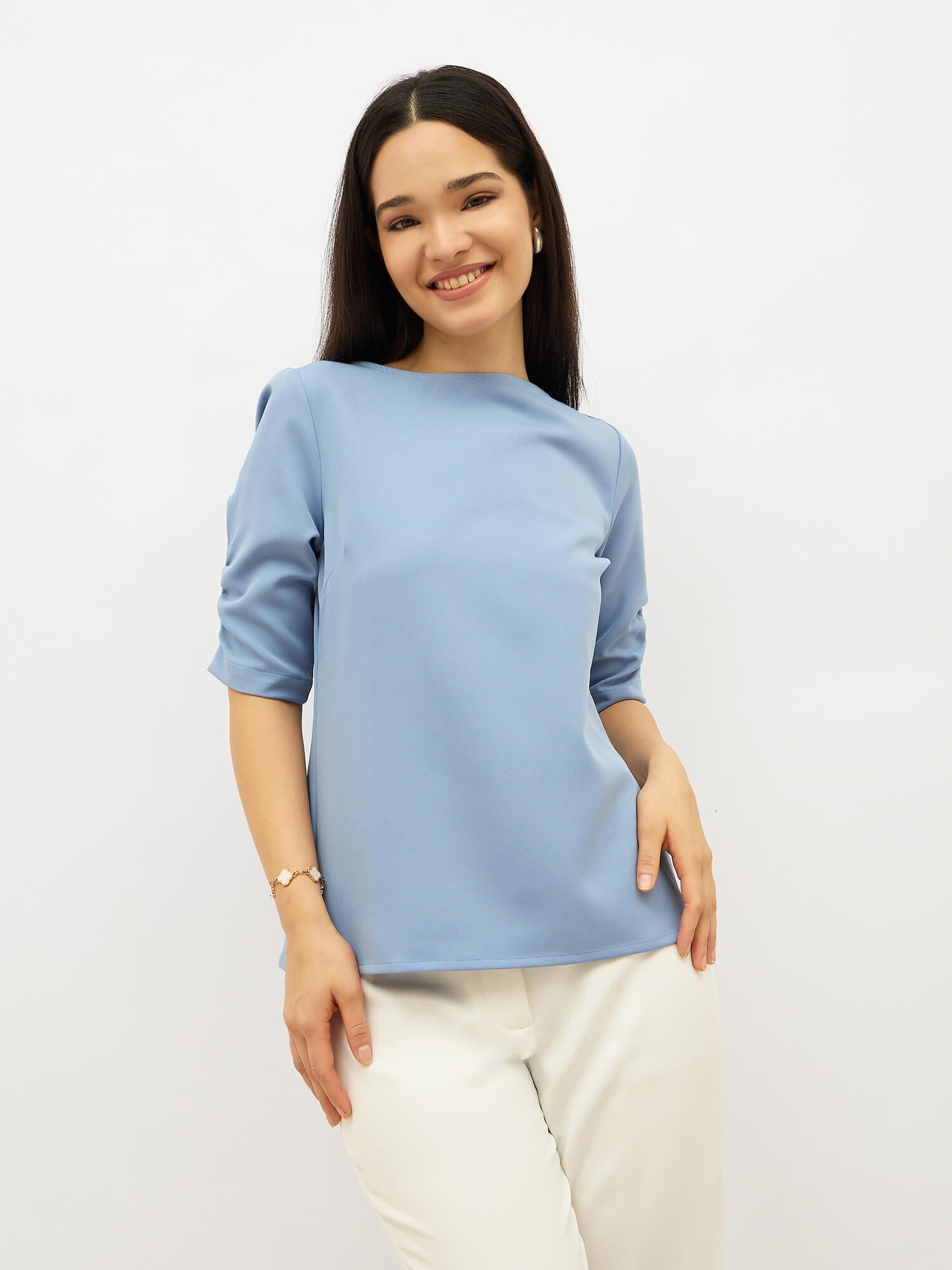 Mellow Ruched Sleeve Top-Dusty Blue