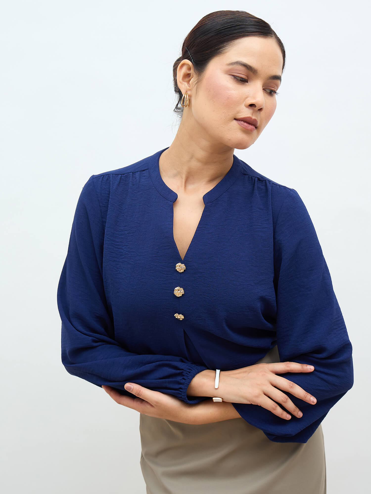 Nory Metallic Button Top-Navy