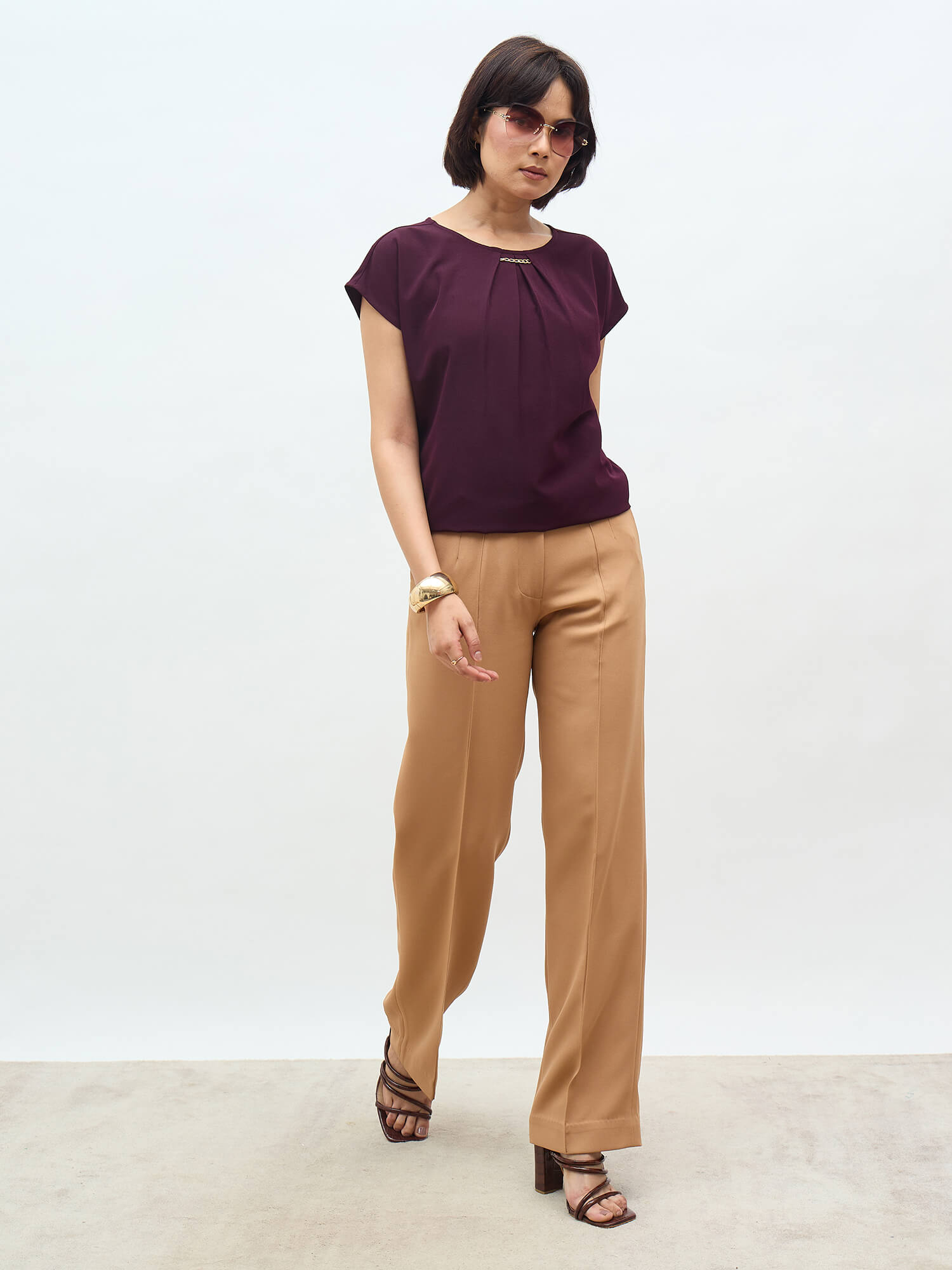 Jemma Centre Front Pleated Drop Shoulder Top-Wine