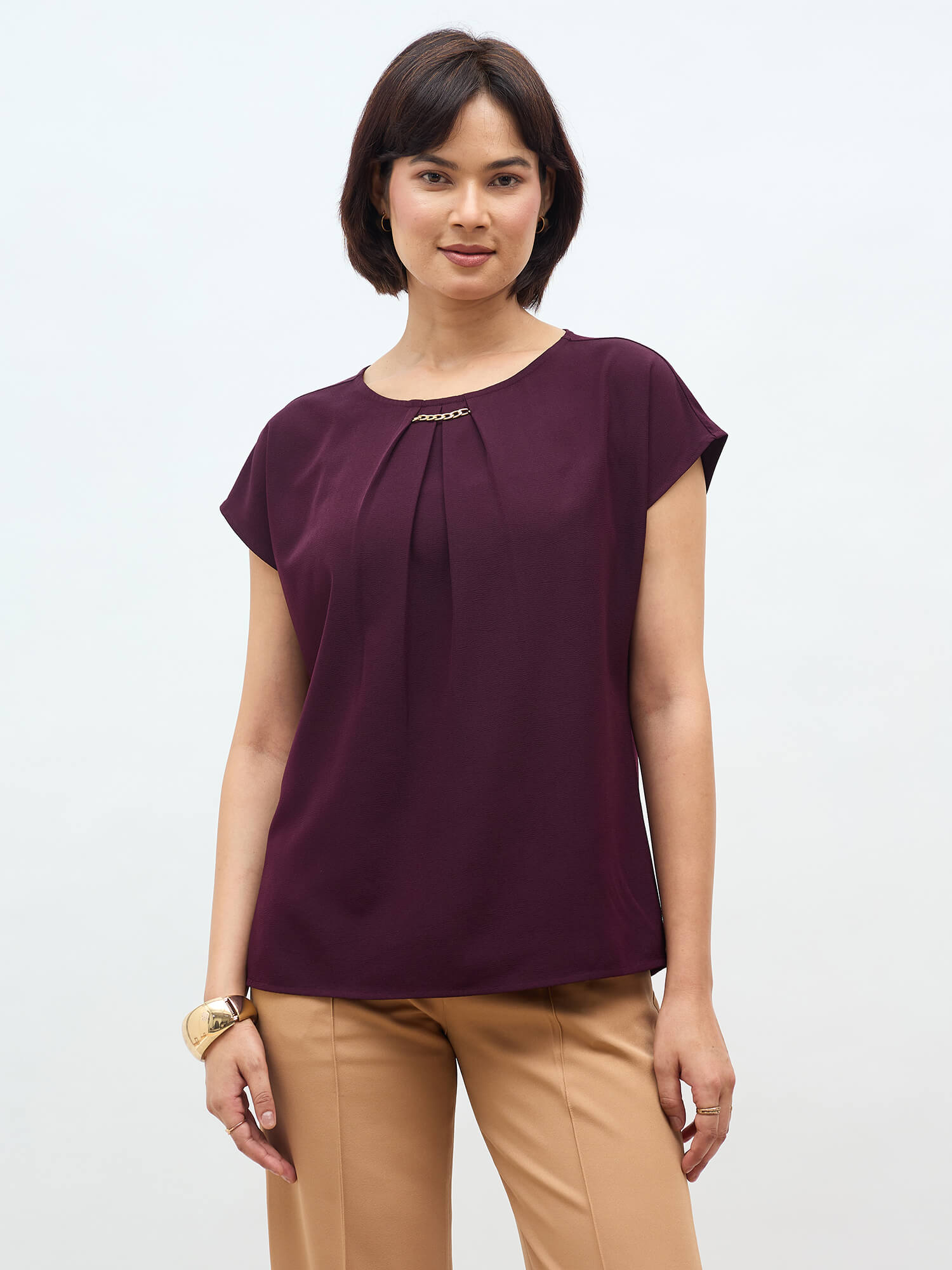 Jemma Centre Front Pleated Drop Shoulder Top-Wine