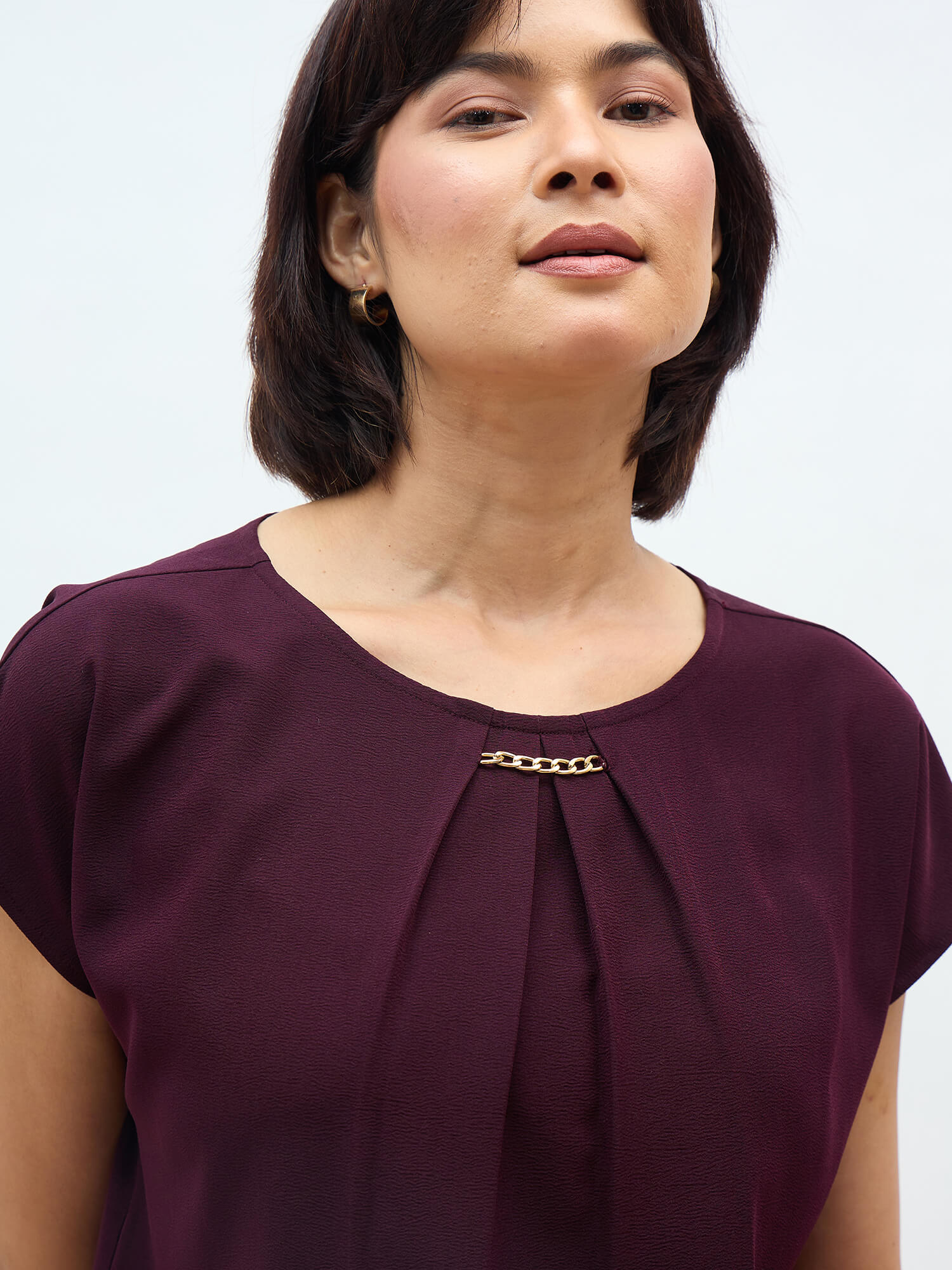 Jemma Centre Front Pleated Drop Shoulder Top-Wine