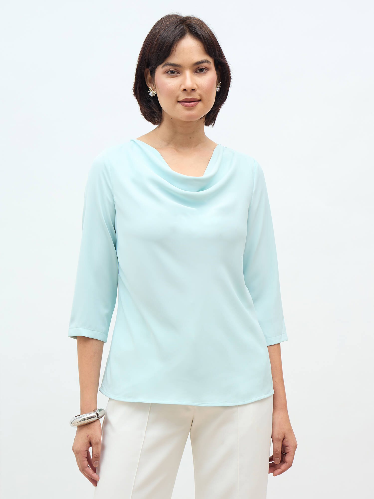 Amela Cowl Neck Top-Ice Blue