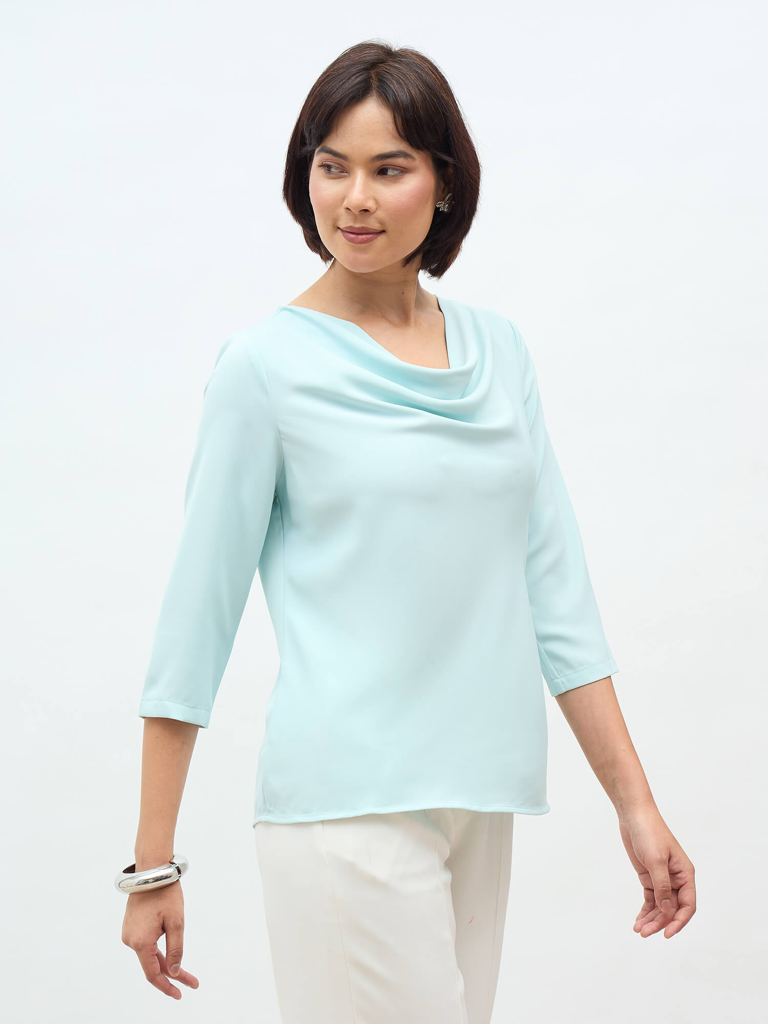 Amela Cowl Neck Top-Ice Blue