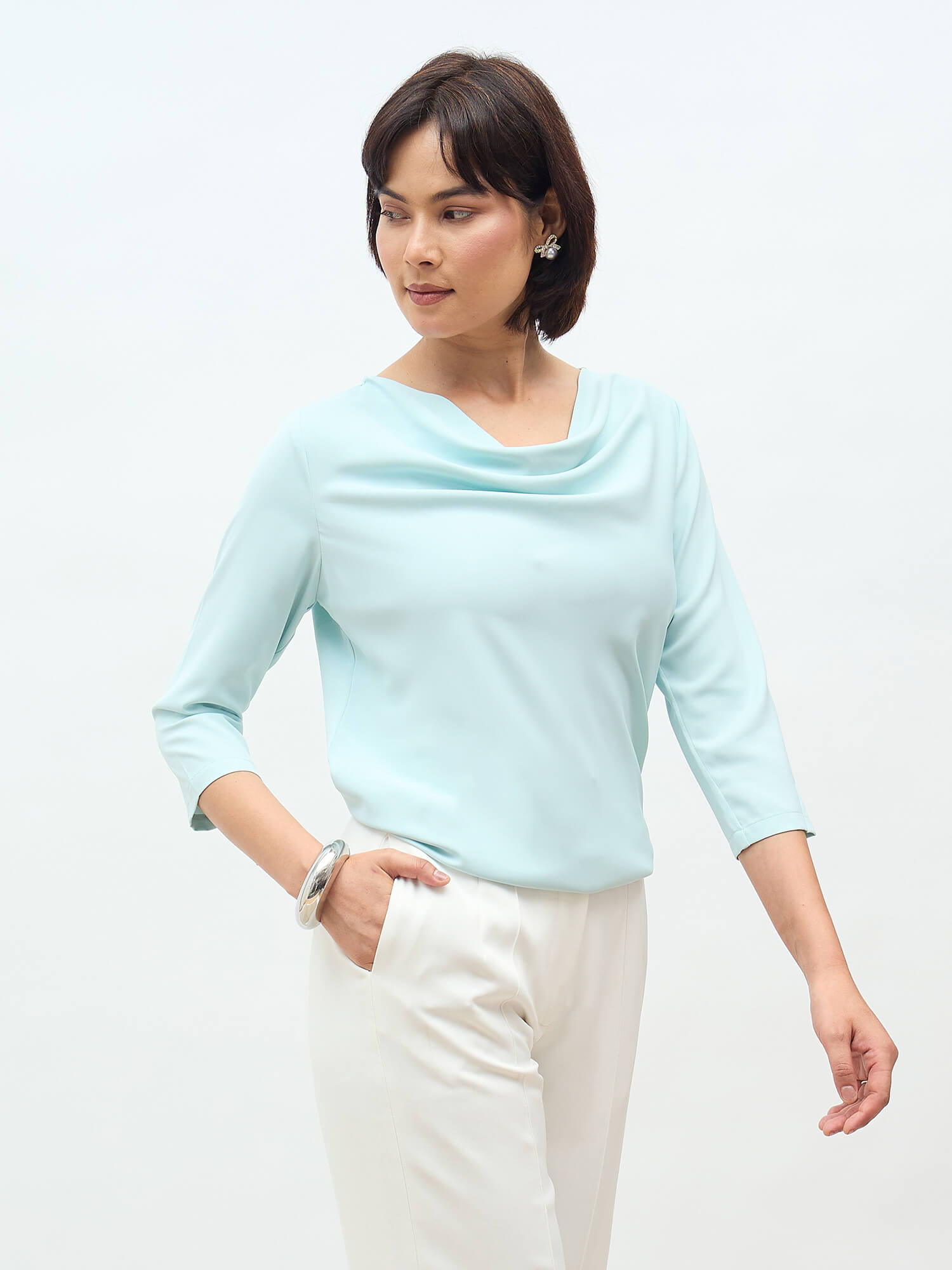 Amela Cowl Neck Top-Ice Blue