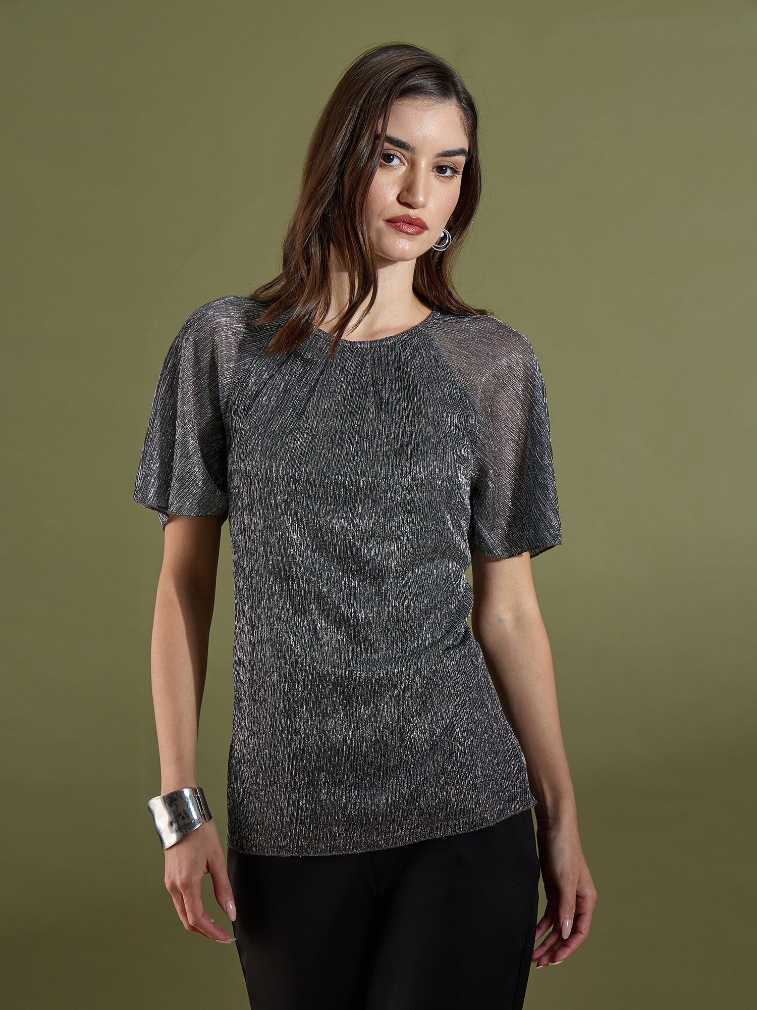 Vella Pleated Neck Flare Sleeve Top-Silver