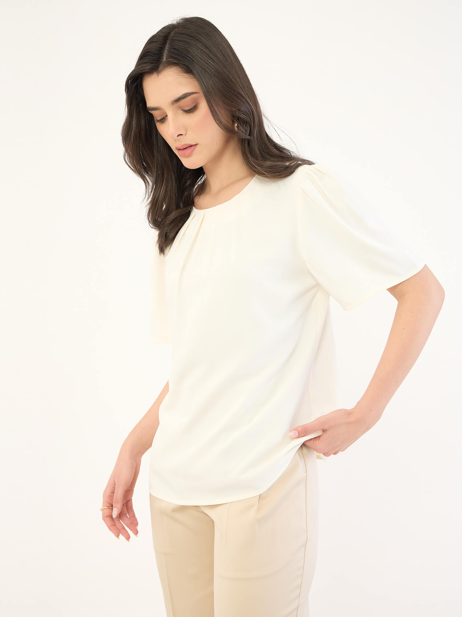 Medley-Off White Pleated Neck Top-Off White