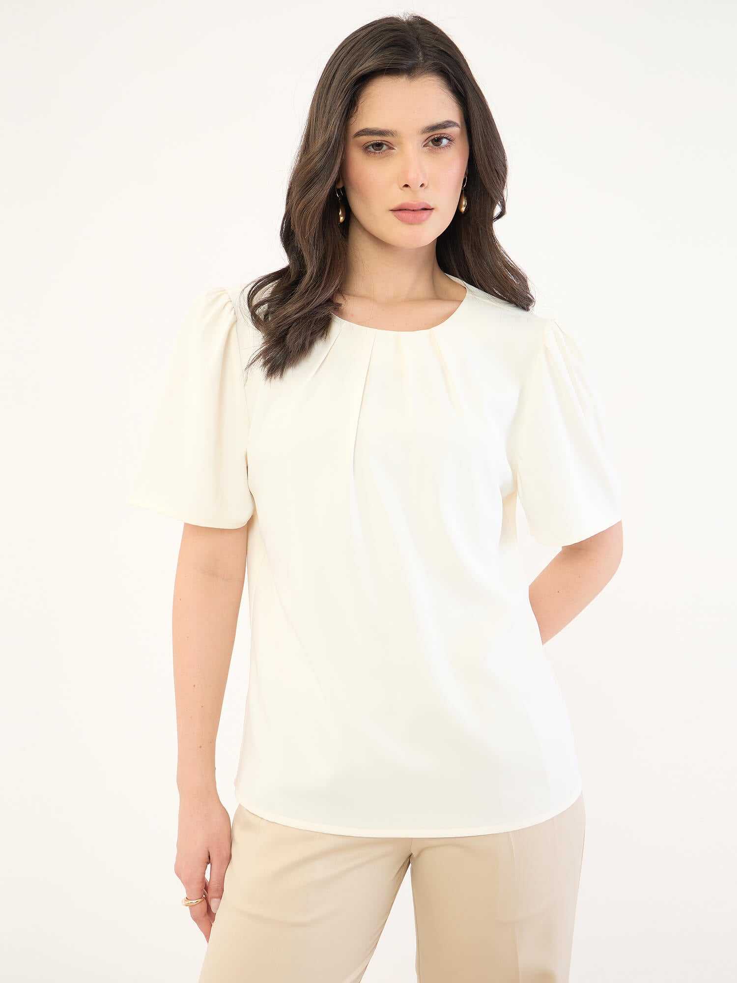 Medley-Off White Pleated Neck Top-Off White