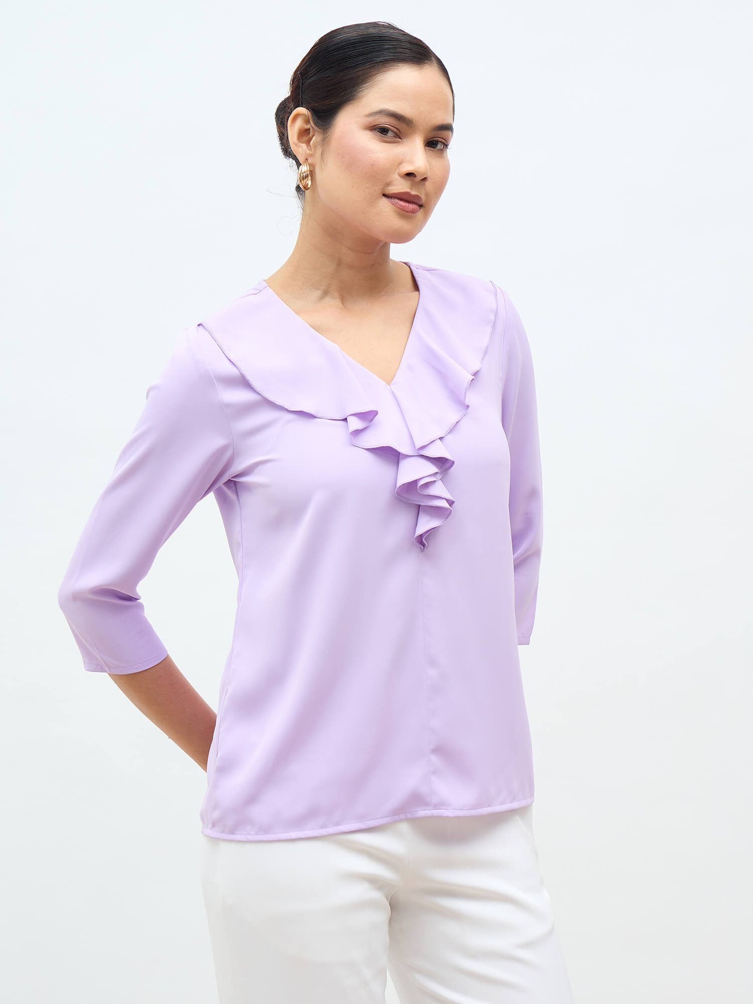 Kiah Ruffled Neckline Top-Lavender