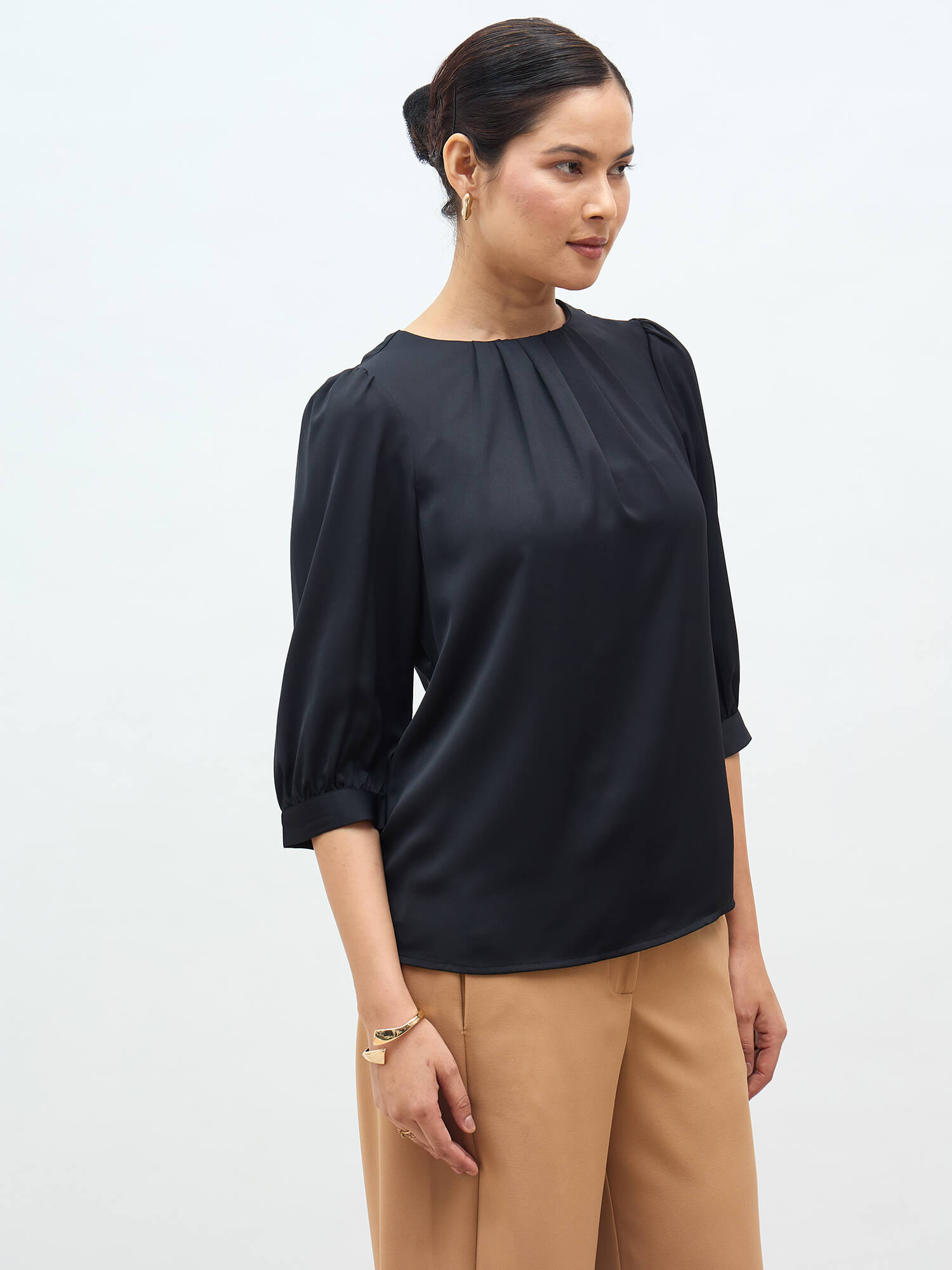 Jeany Pleated Neckline Top-Black