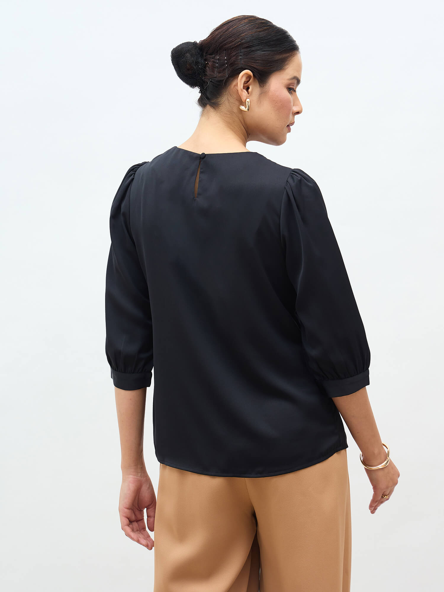 Jeany Pleated Neckline Top-Black