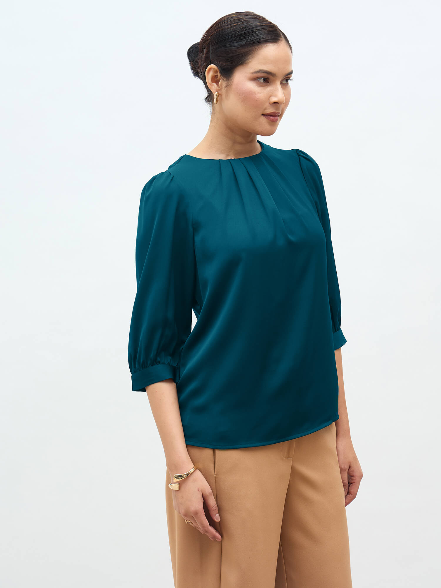 Jeany Pleated Neckline Top-Teal