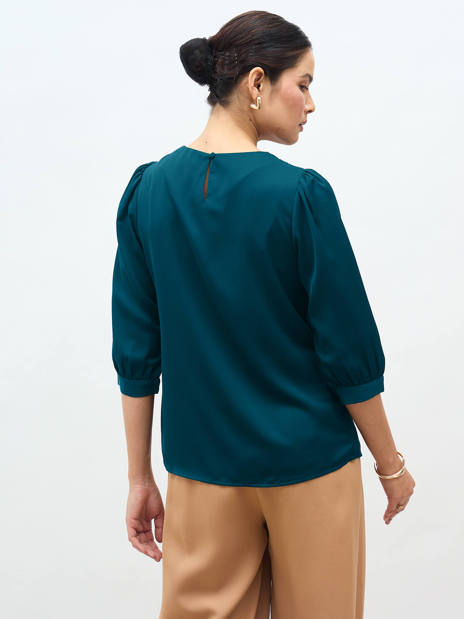 Jeany Pleated Neckline Top-Teal