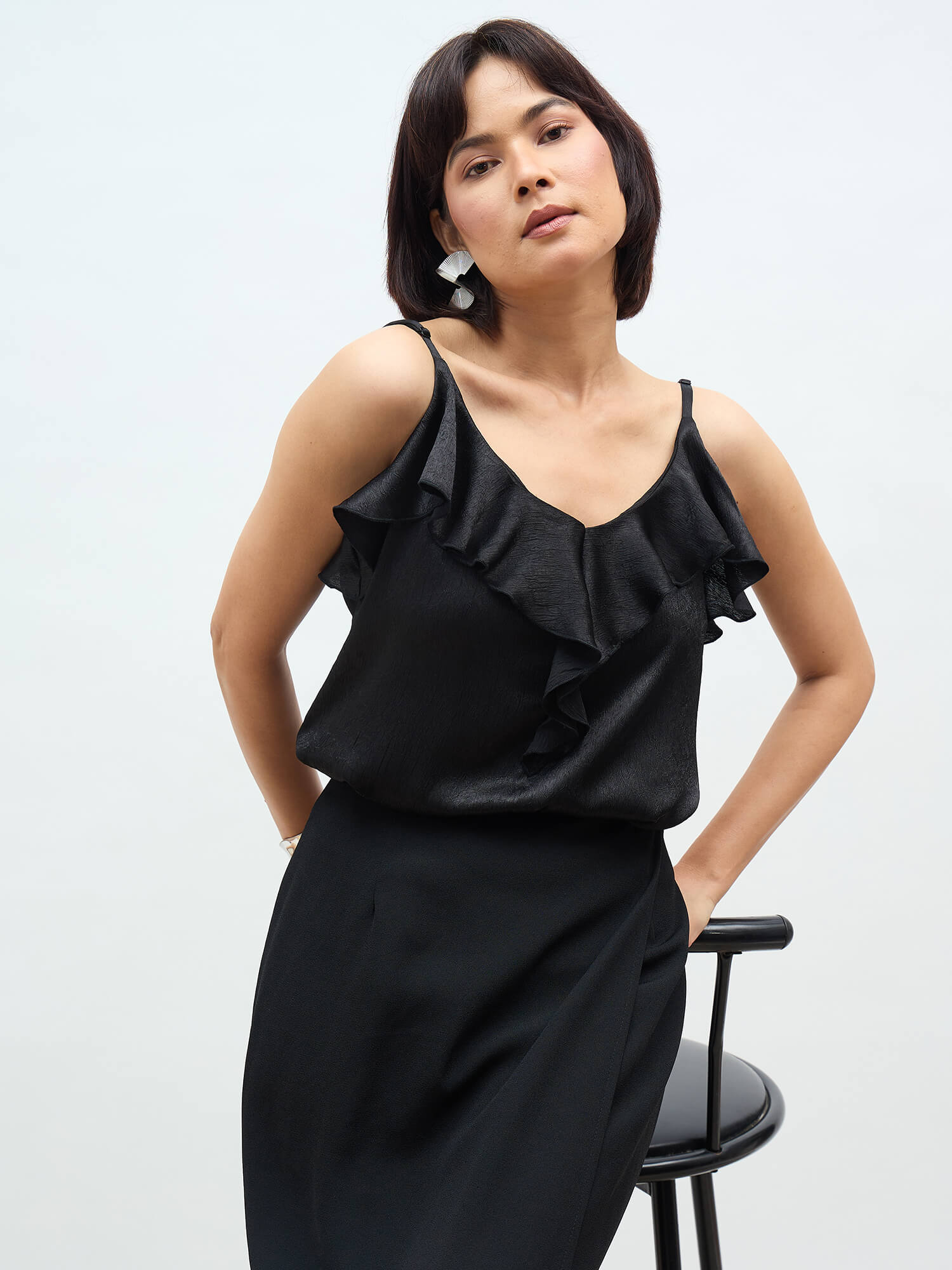 Velora Ruffle strap top-Black