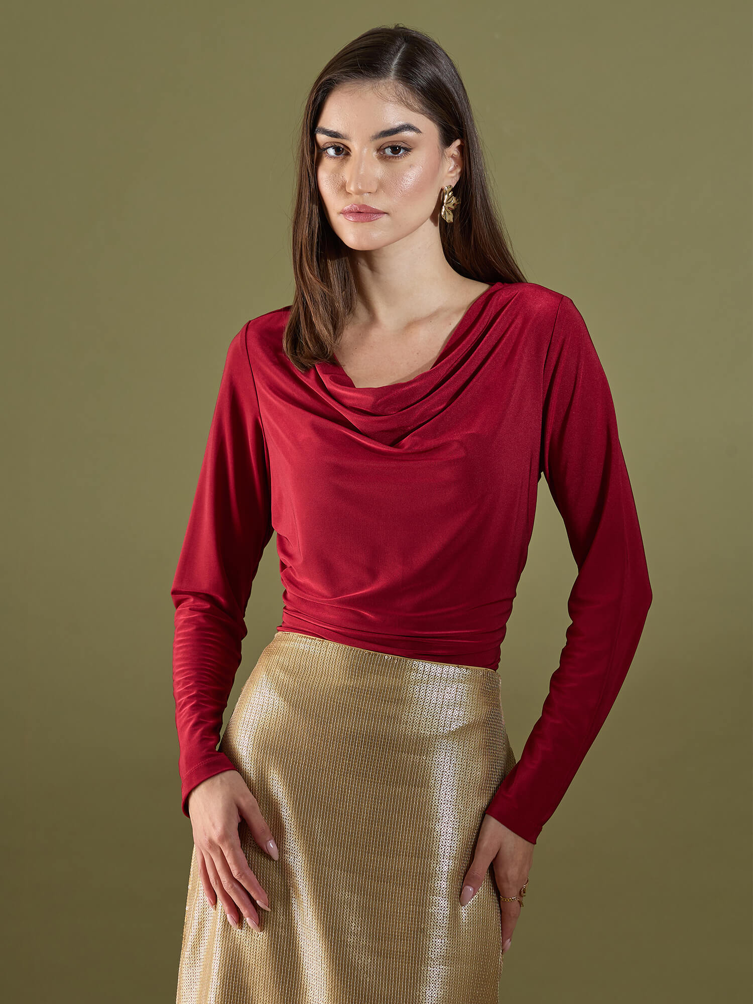 Jules Cowl Neck Top-Red