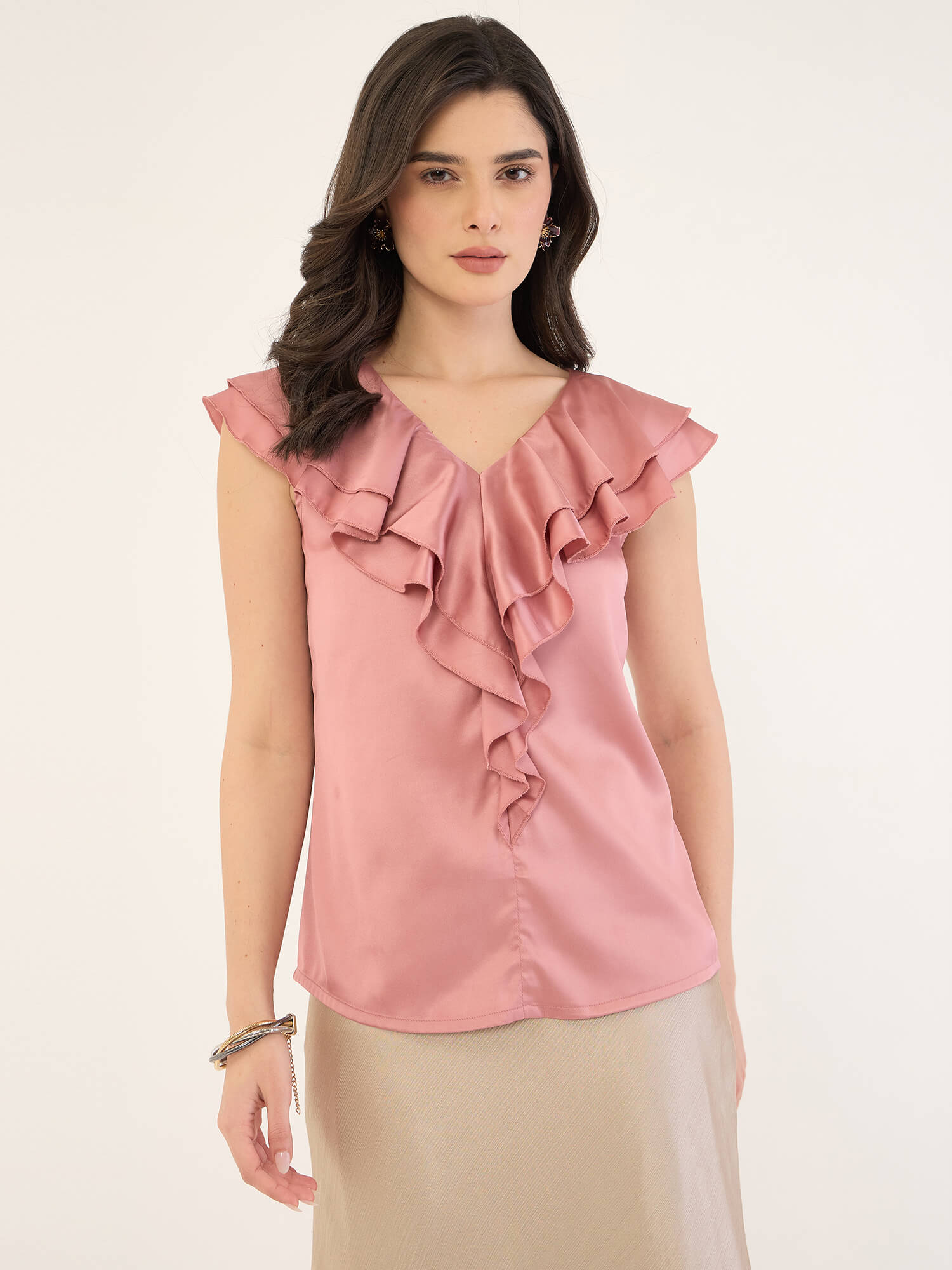 Zarie Double Ruffle Neck Top-Pink