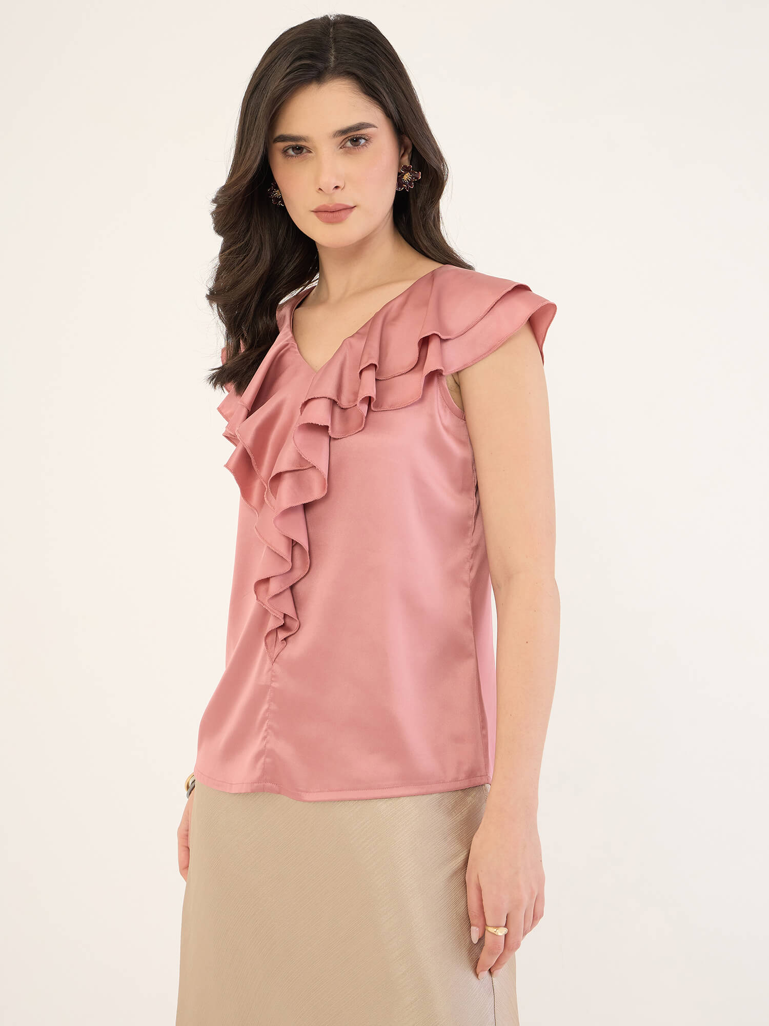 Zarie Double Ruffle Neck Top-Pink