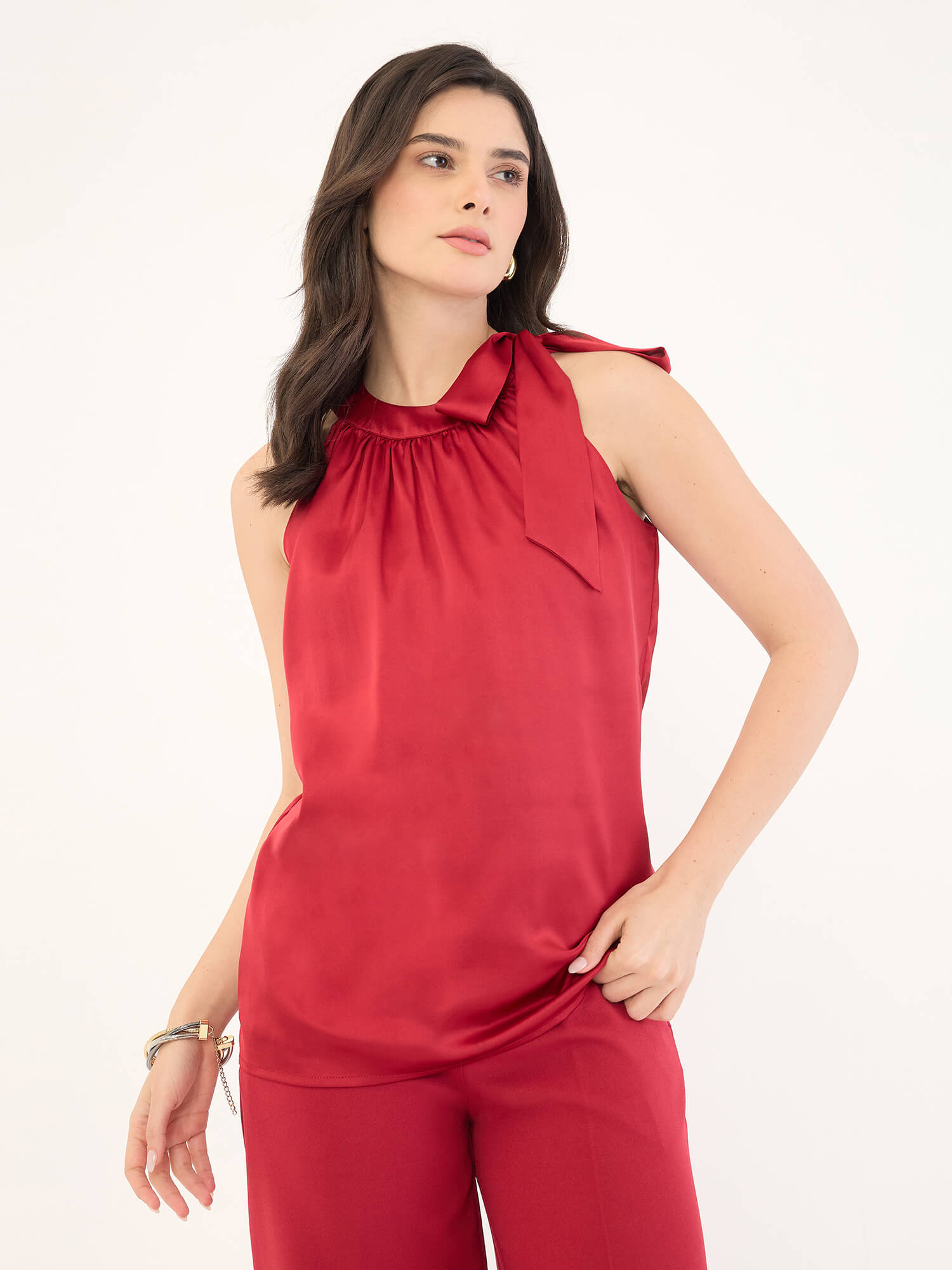 Glimmer Halter Neck Tie-Up Top-Red