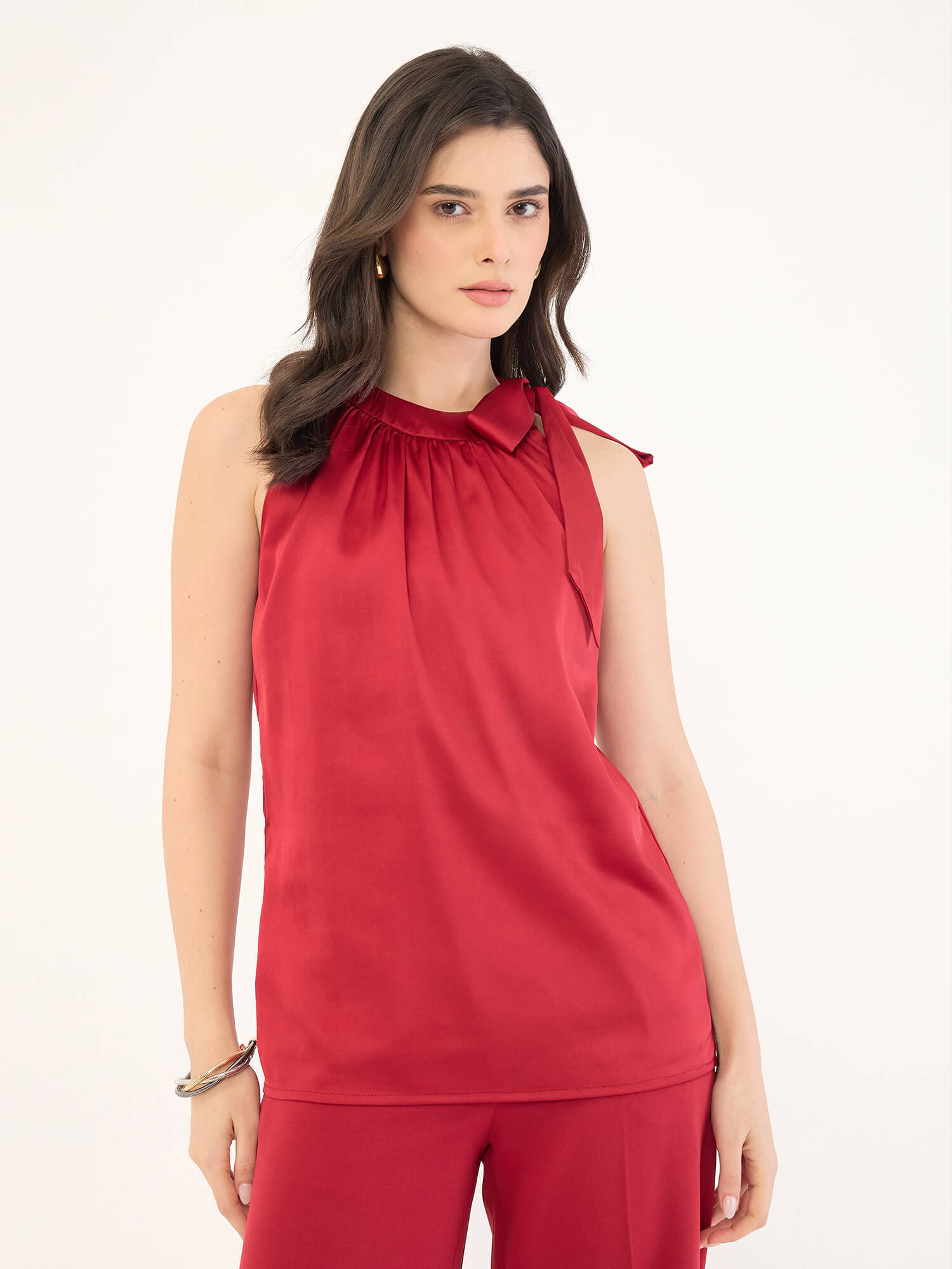 Glimmer Halter Neck Tie-Up Top-Red