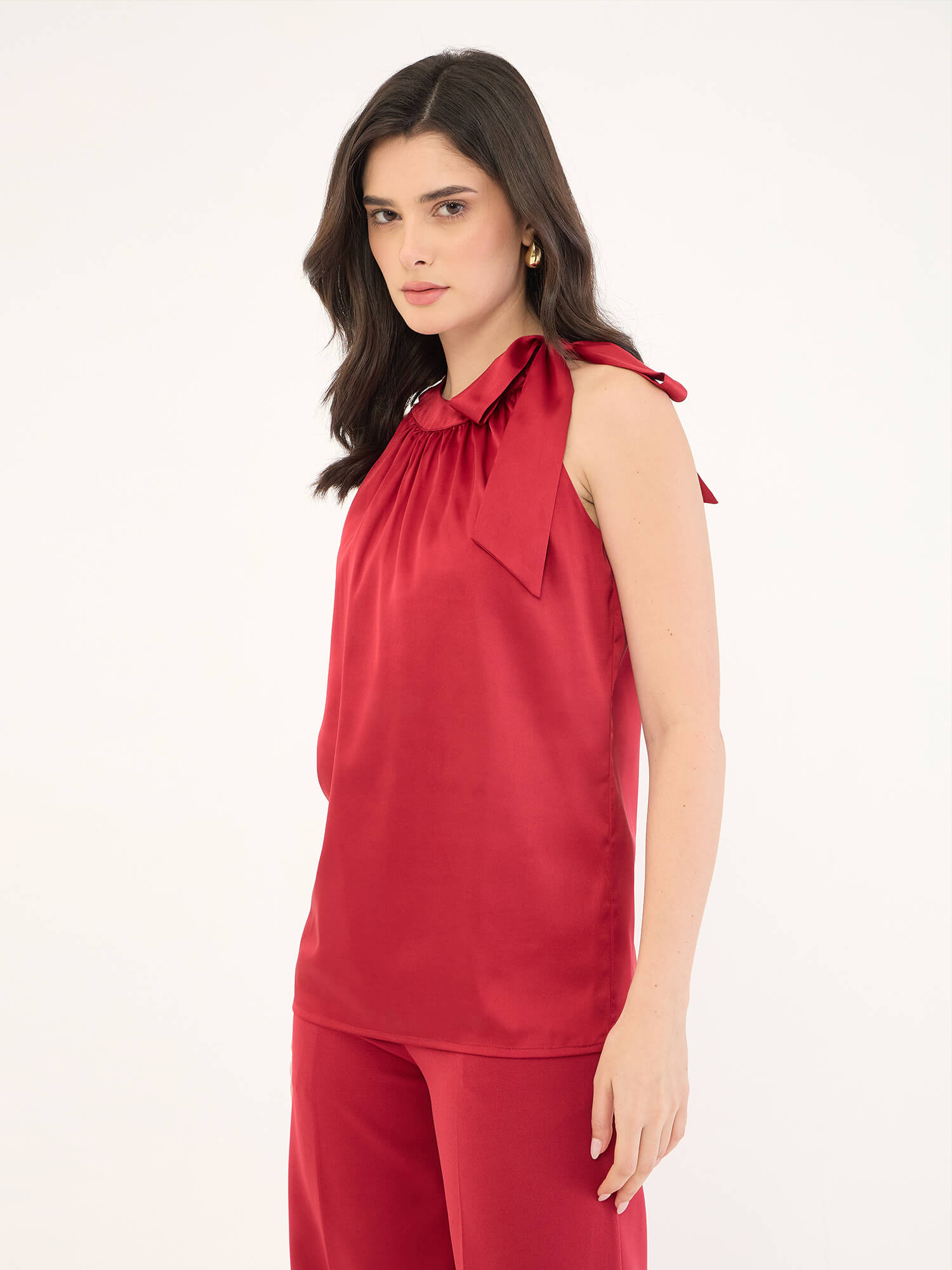 Glimmer Halter Neck Tie-Up Top-Red