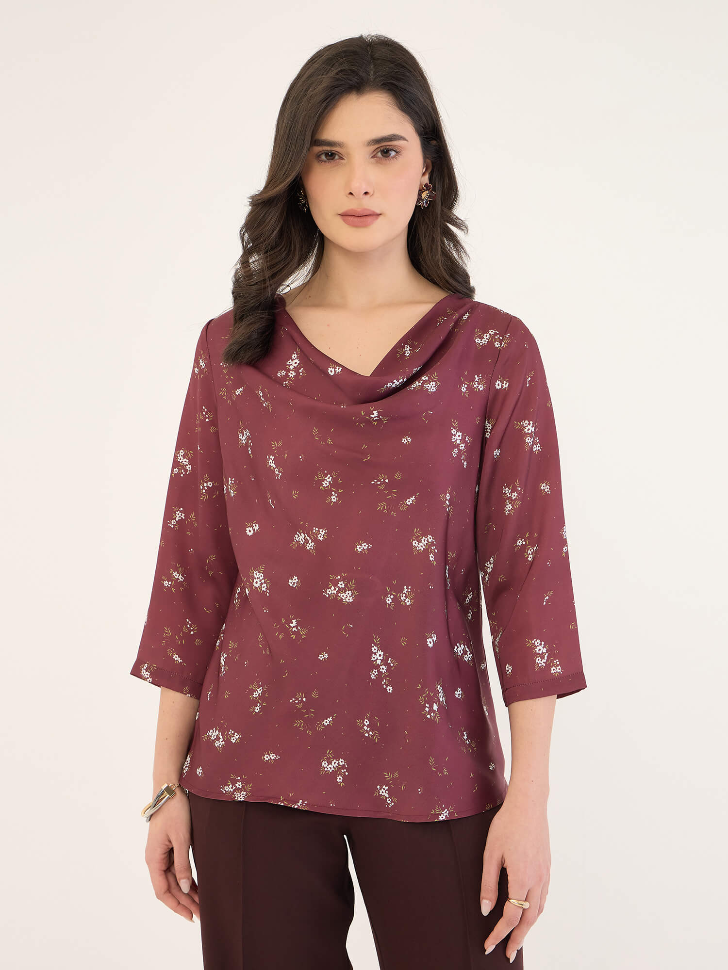 Emmy Printed Cowl Neck Top-Maroon