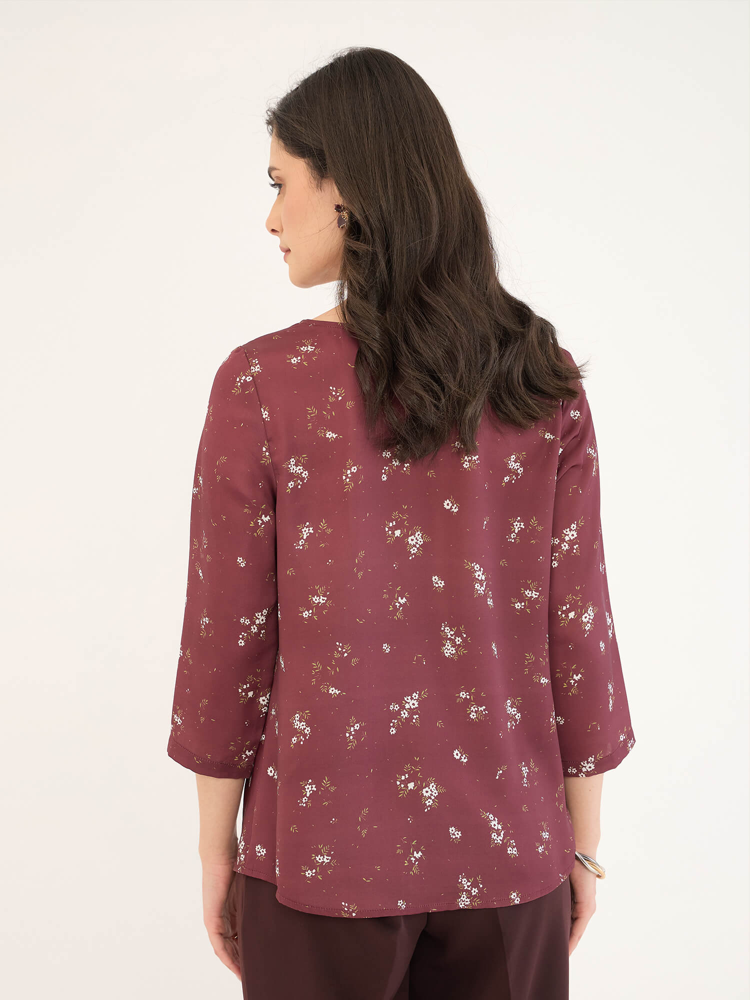 Emmy Printed Cowl Neck Top-Maroon