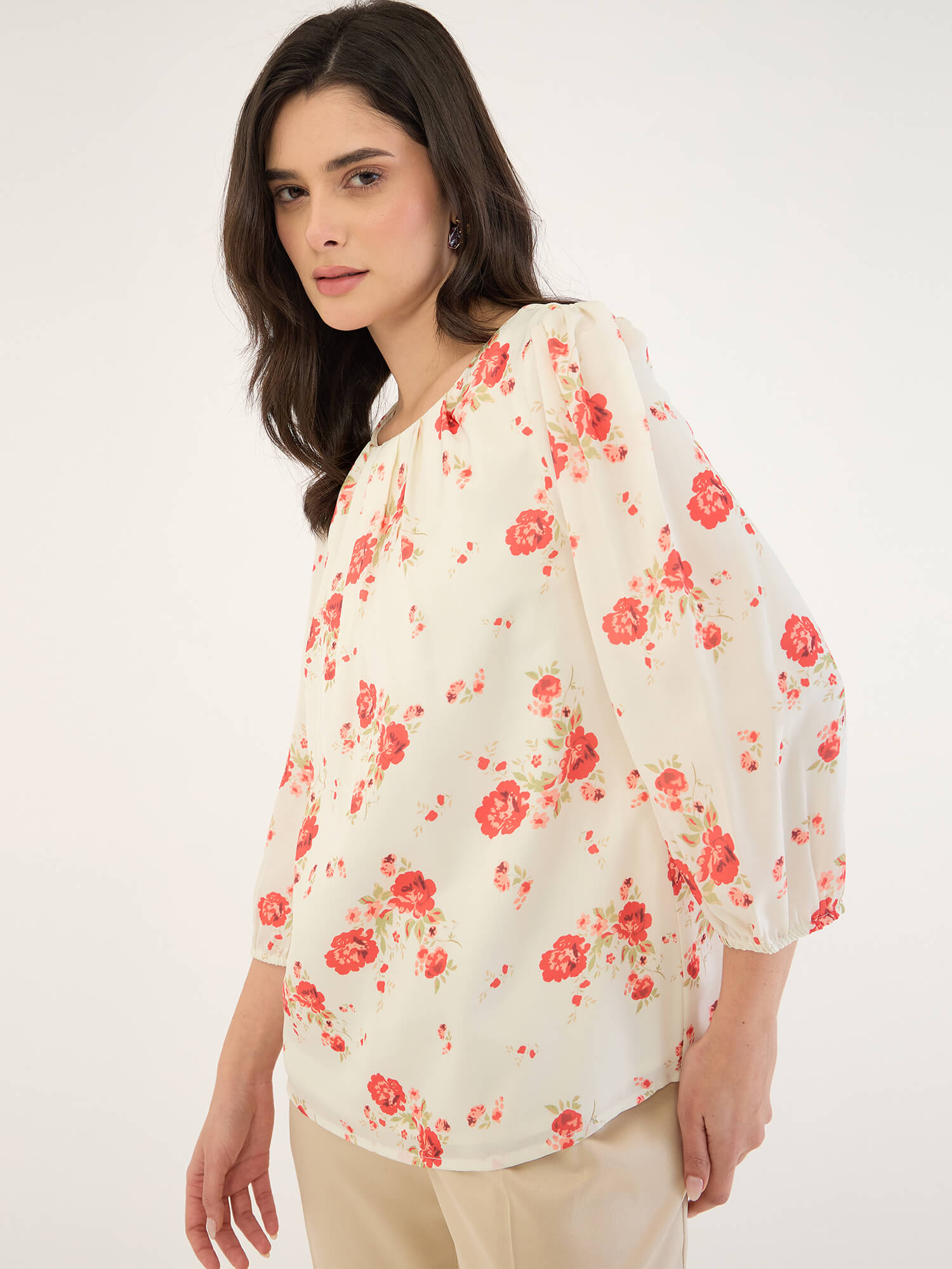 Lisa Pleated Neck Top-Cream