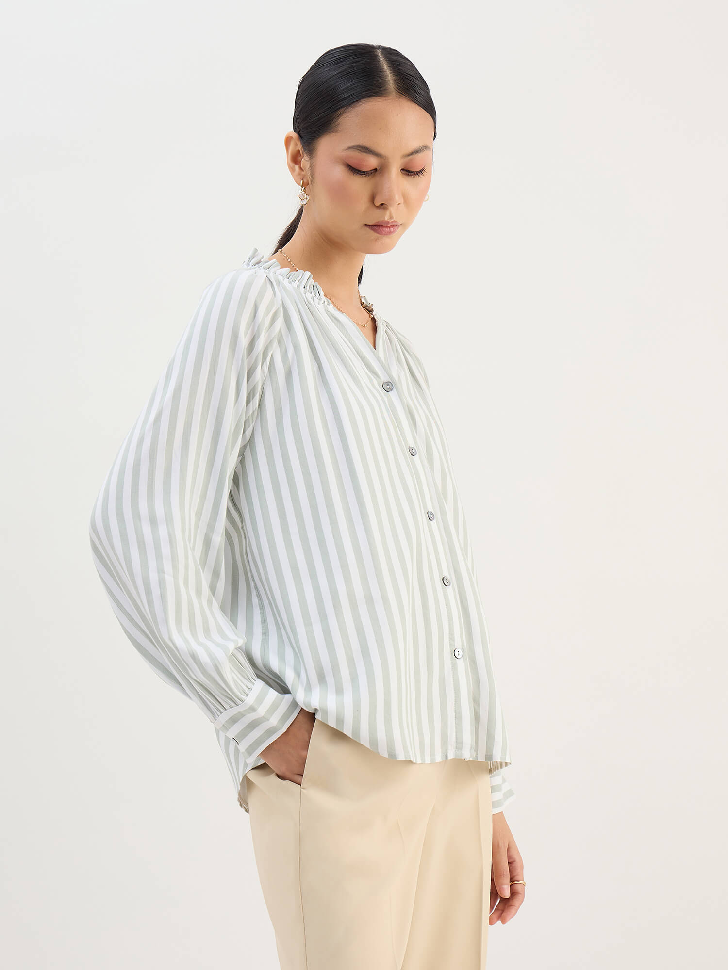 Ambril Relaxed Fit Buttondown Top-Green&White
