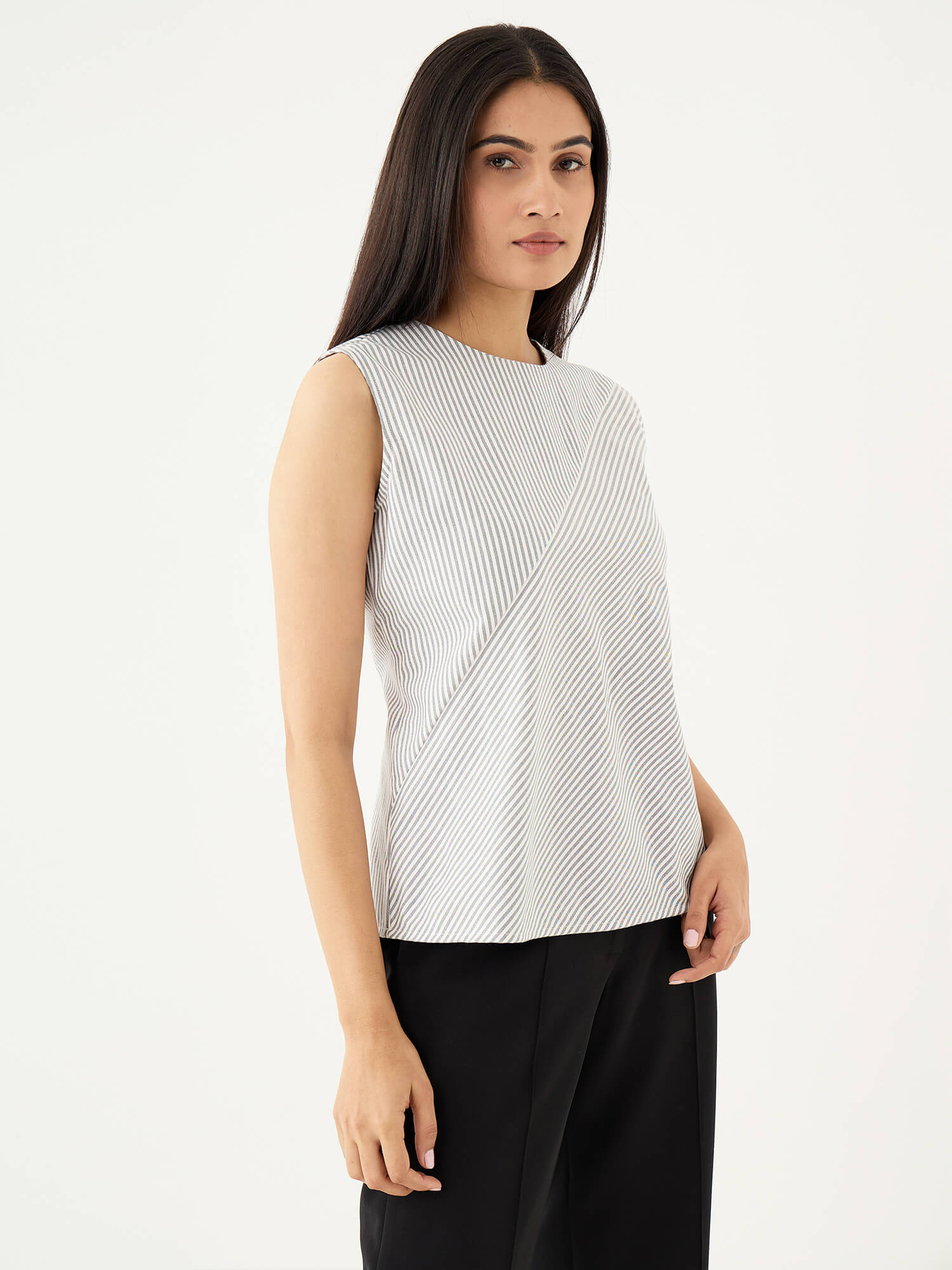 Noa Striped Sleeveless Top With Diagonal Panel-White&Grey