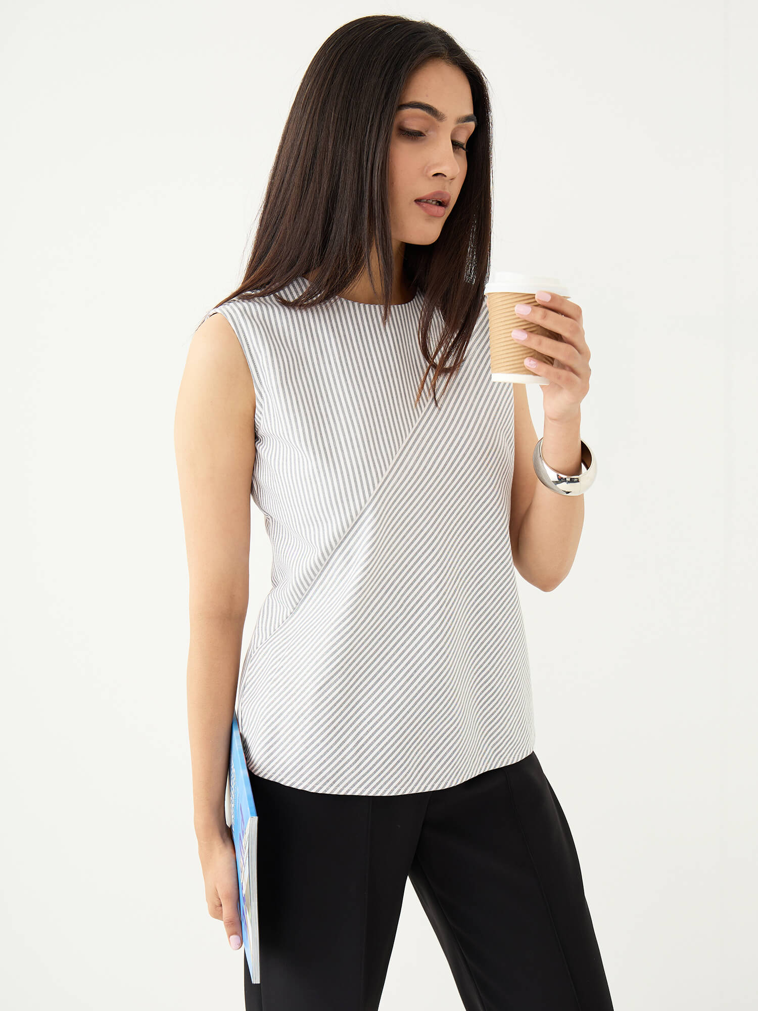 Noa Striped Sleeveless Top With Diagonal Panel-White&Grey