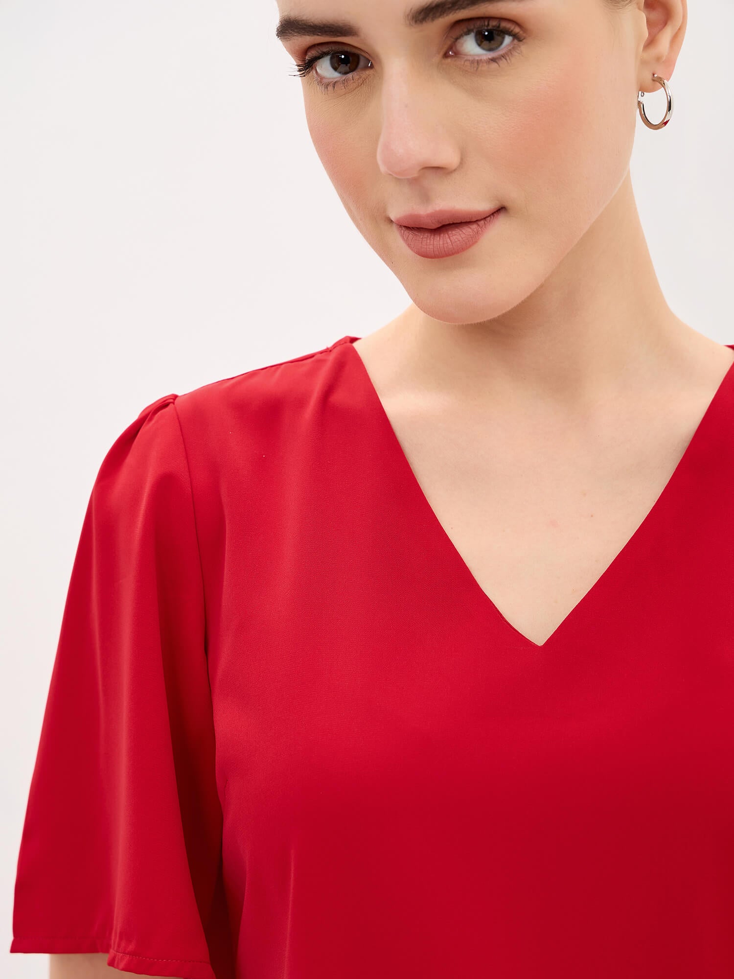 Siren V-Neck Flutter Sleeve Top-Red