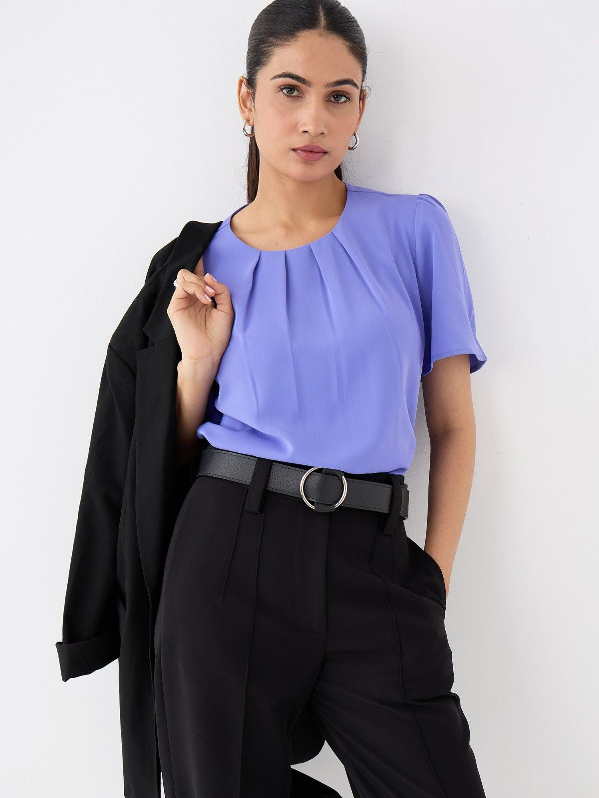 Medley Pleated Neck Top-English Blue