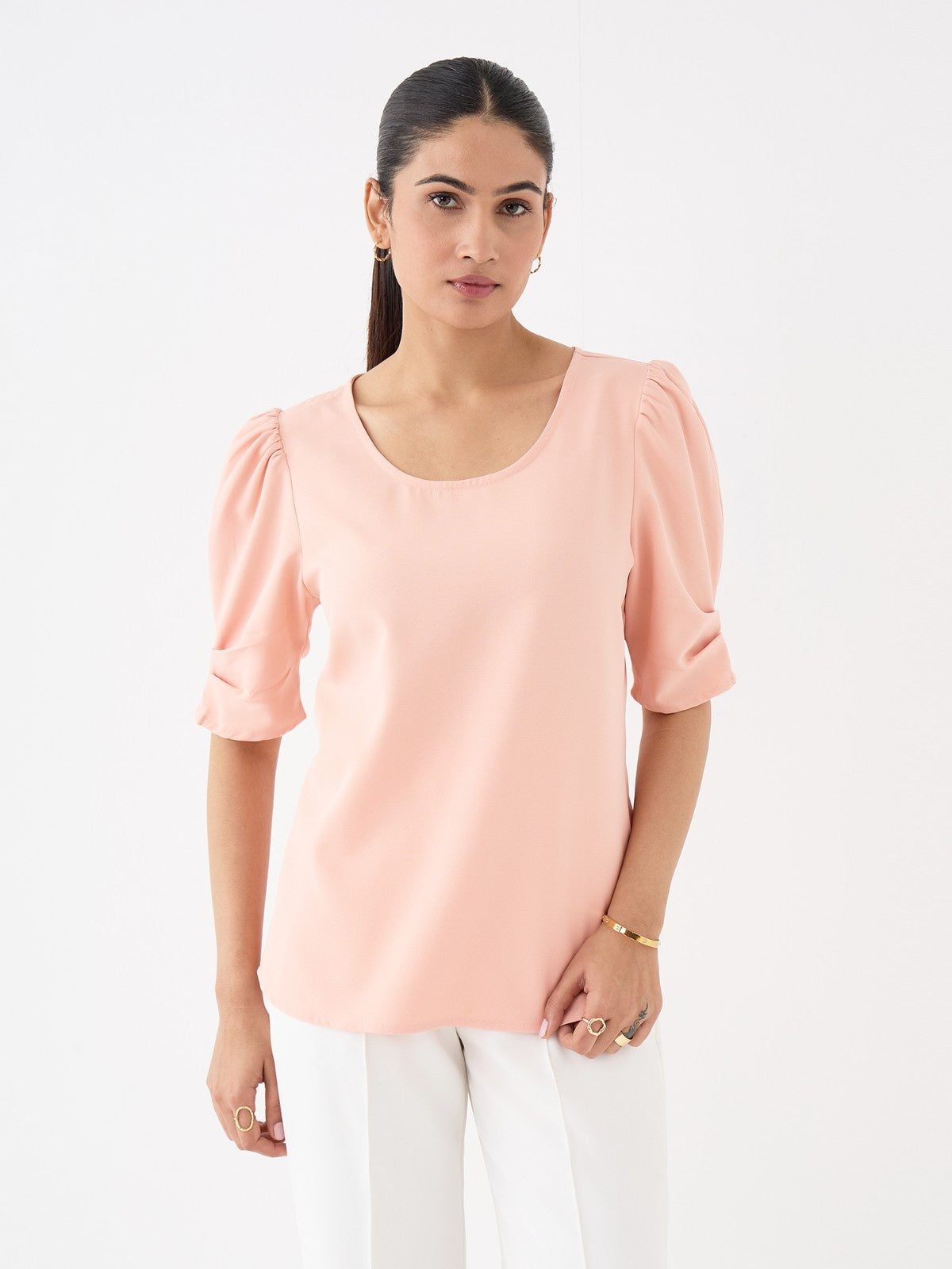 Jaunty Puffed Sleeves Top-Peach