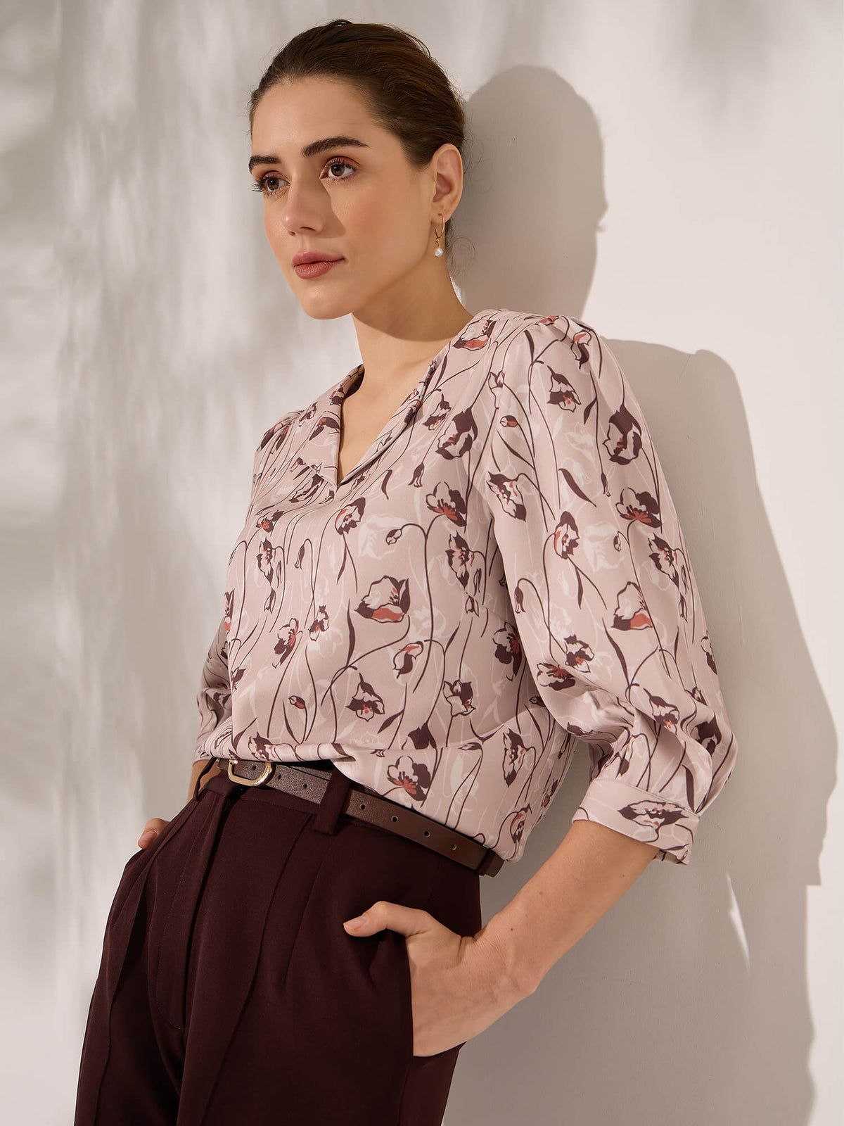 Martha Puffed Sleeves Top-Beige&Brown