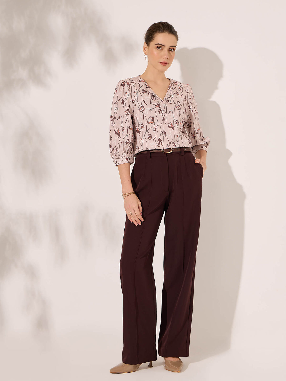 Martha Puffed Sleeves Top-Beige&Brown